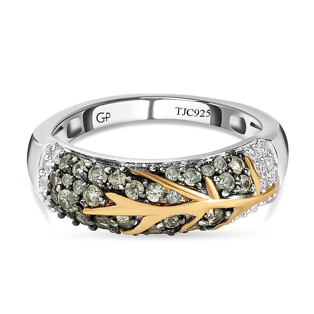 GP - Green Sapphire and Natural Zircon Band Ring in Yellow Gold Vermeil and Platinum Plated Sterling Silver