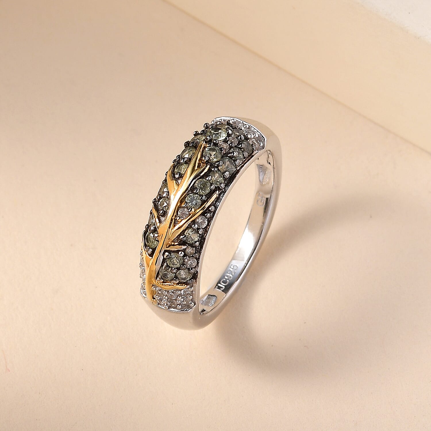 GP - Green Sapphire and Natural Zircon Band Ring in Yellow Gold Vermeil and Platinum Plated Sterling Silver