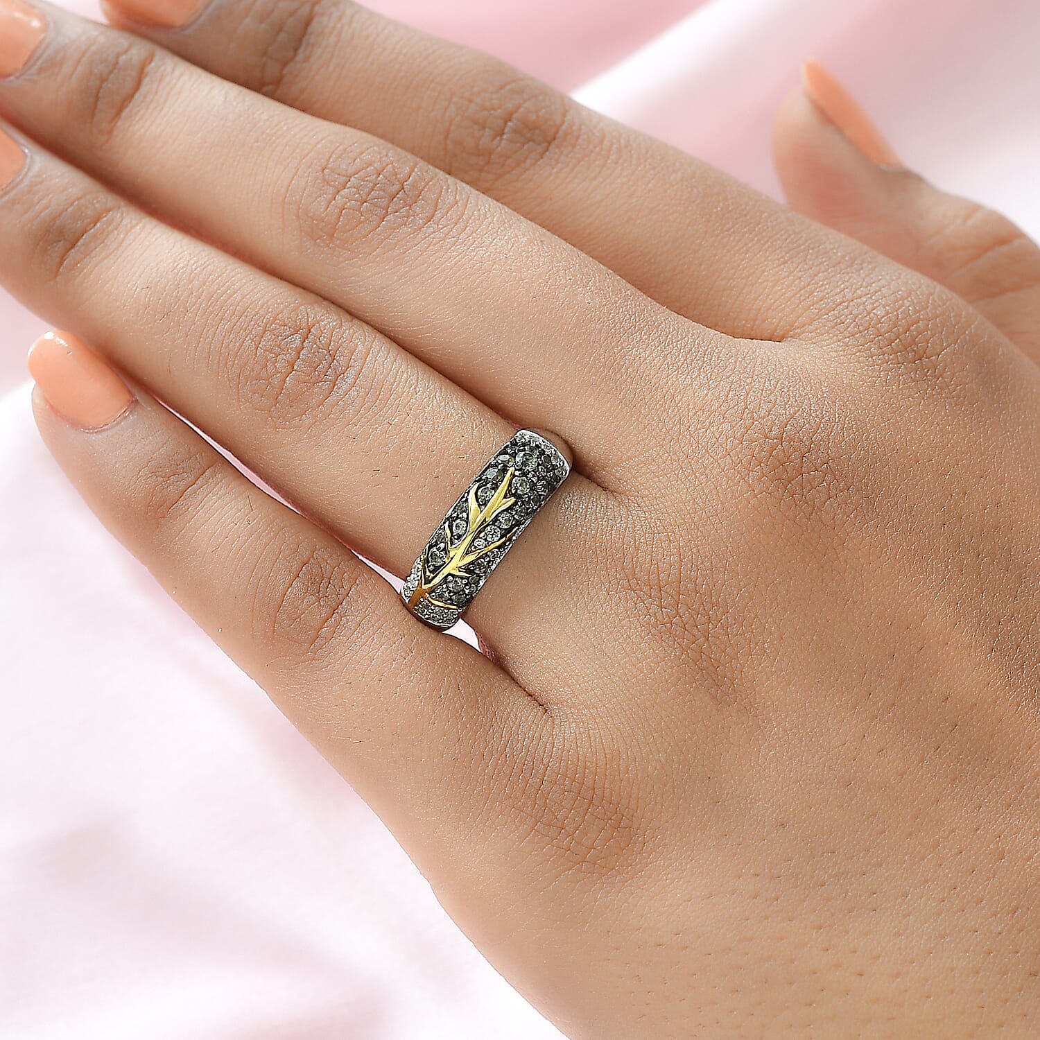 GP - Green Sapphire and Natural Zircon Band Ring in Yellow Gold Vermeil and Platinum Plated Sterling Silver