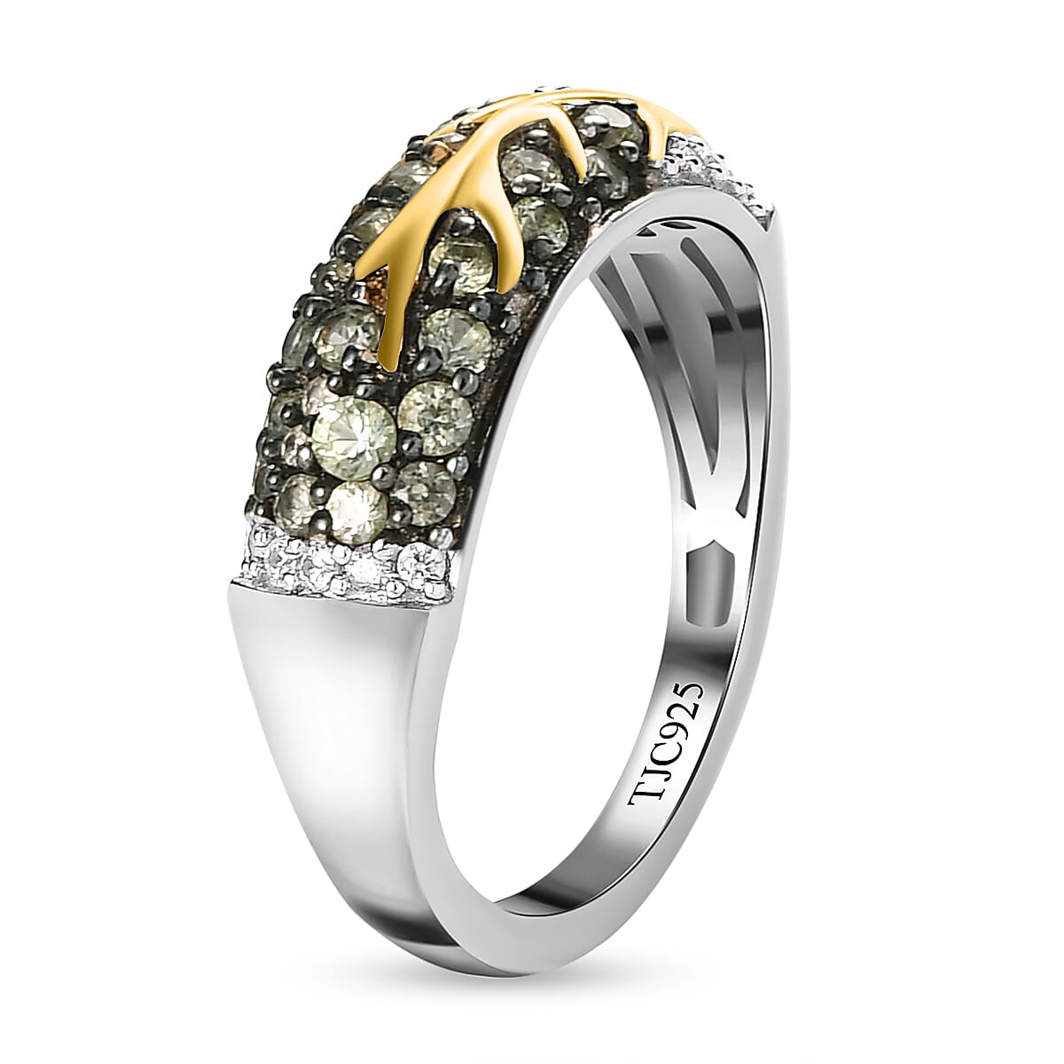 GP - Green Sapphire and Natural Zircon Band Ring in Yellow Gold Vermeil and Platinum Plated Sterling Silver