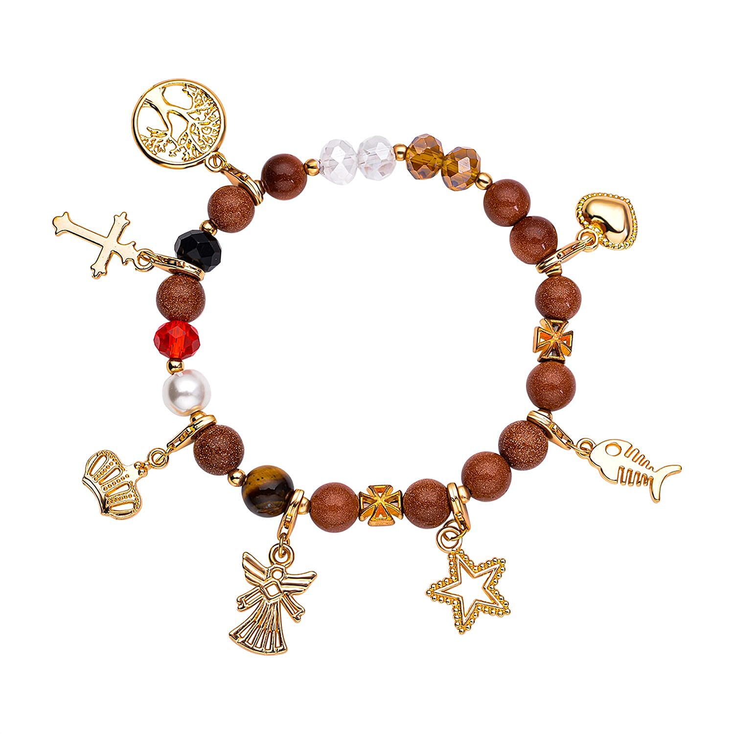 Gold Sandstone, White Shell Pearl , Yellow Tiger Eye and Simulated Multi Gemstone Charm Beads Bracelet (Size - 7.5 - 8.00) Strechable in Gold Tone