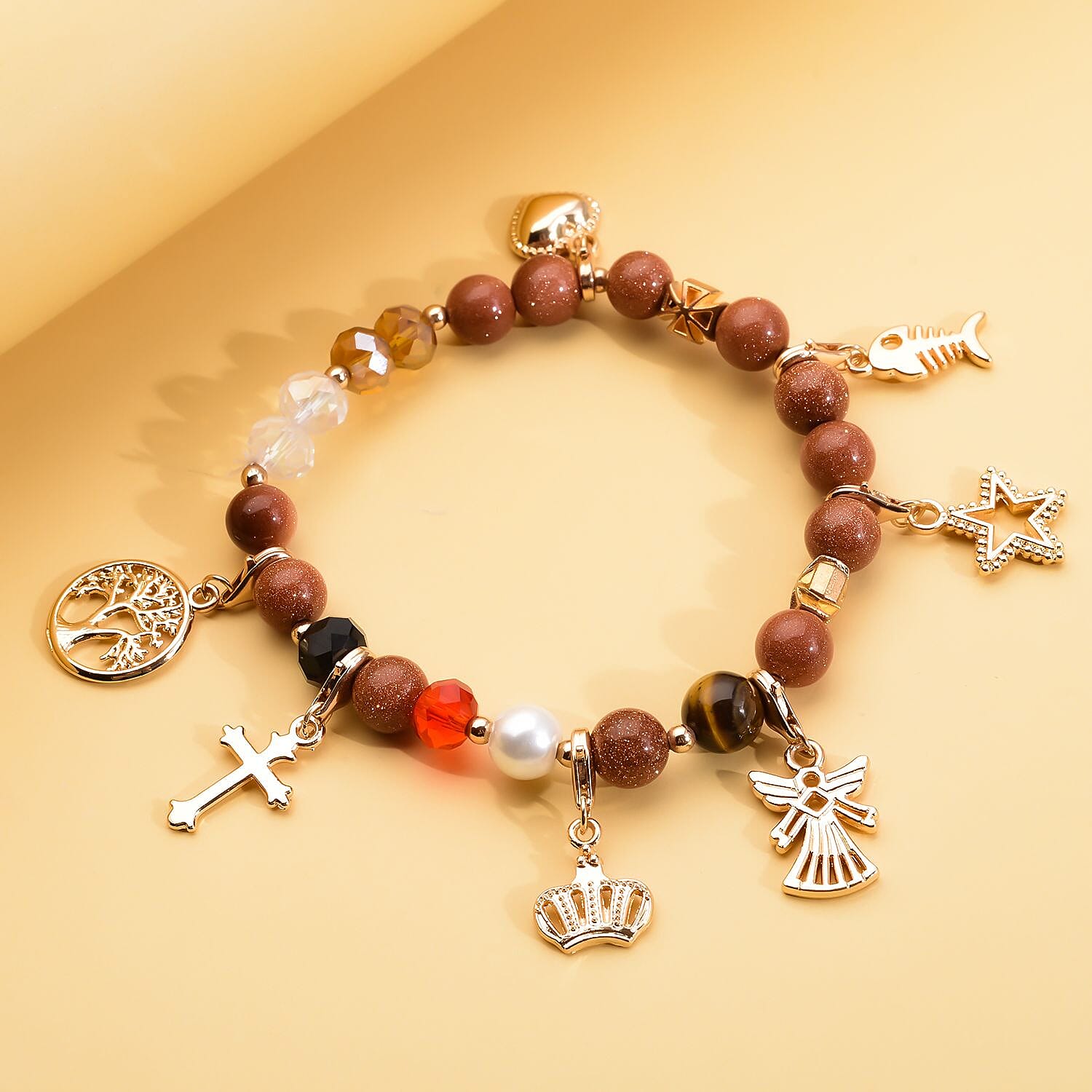 Gold Sandstone, White Shell Pearl , Yellow Tiger Eye and Simulated Multi Gemstone Charm Beads Bracelet (Size - 7.5 - 8.00) Strechable in Gold Tone