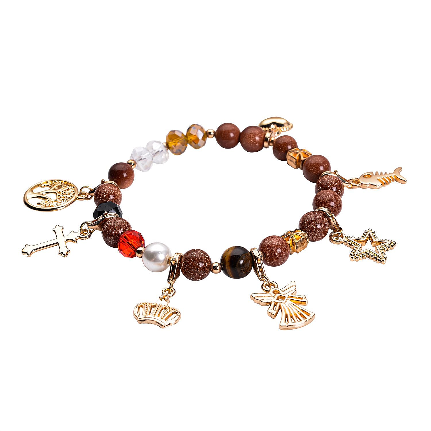 Gold Sandstone, White Shell Pearl , Yellow Tiger Eye and Simulated Multi Gemstone Charm Beads Bracelet (Size - 7.5 - 8.00) Strechable in Gold Tone
