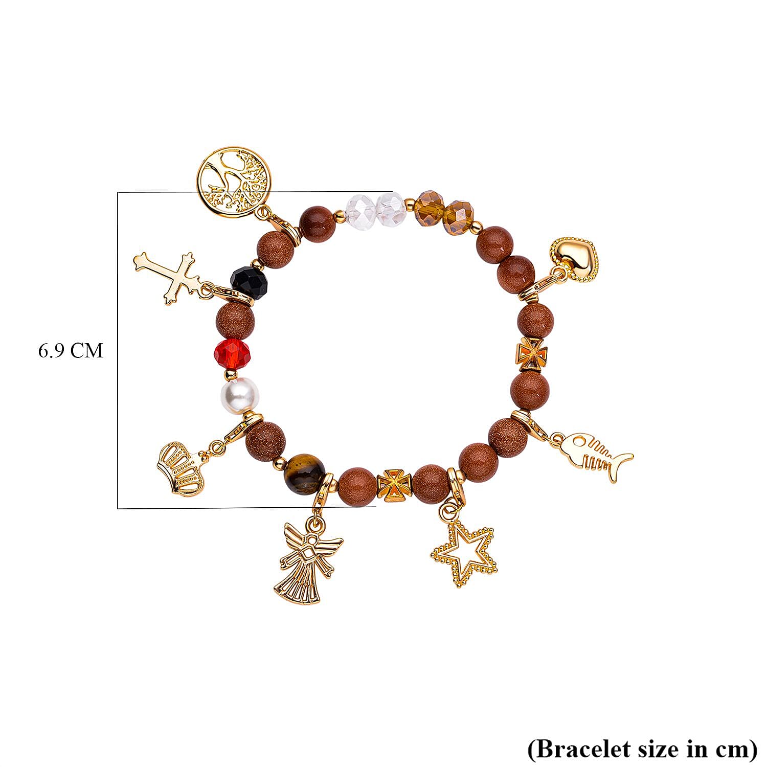 Gold Sandstone, White Shell Pearl , Yellow Tiger Eye and Simulated Multi Gemstone Charm Beads Bracelet (Size - 7.5 - 8.00) Strechable in Gold Tone