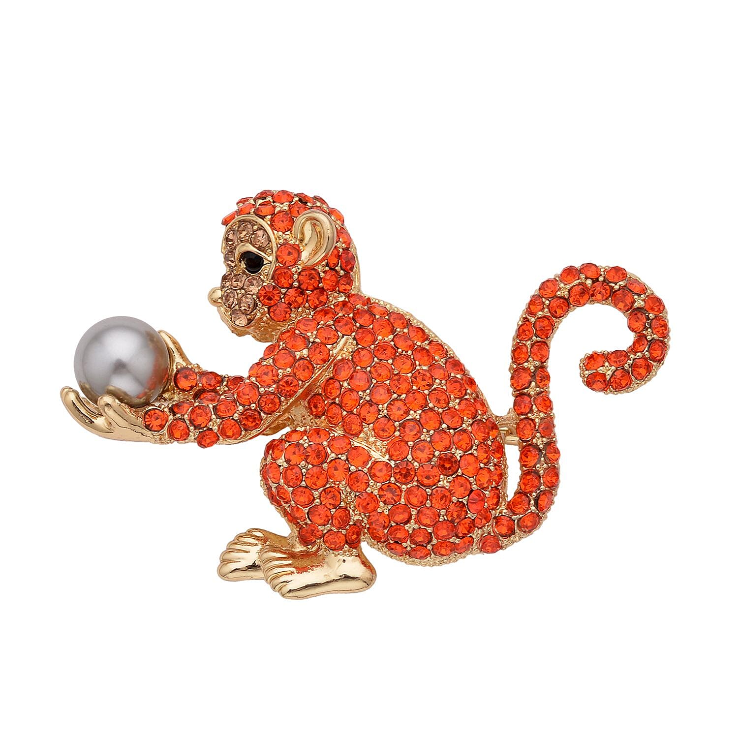 Multi Colour Austrian Crystal and Simulated Pearl Monkey Brooch Pendant in Yellow Gold Tone With Enamelling