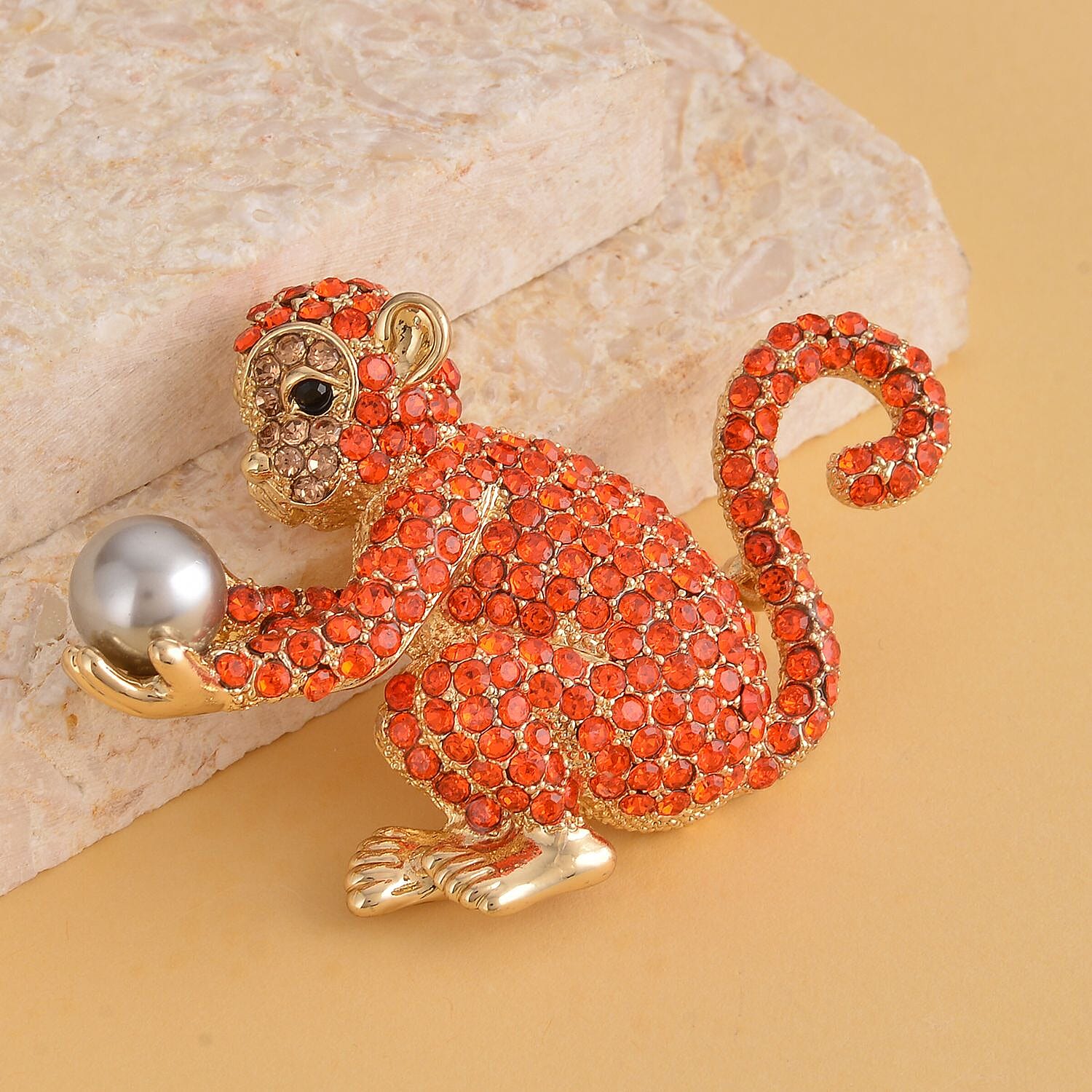 Multi Colour Austrian Crystal and Simulated Pearl Monkey Brooch Pendant in Yellow Gold Tone With Enamelling