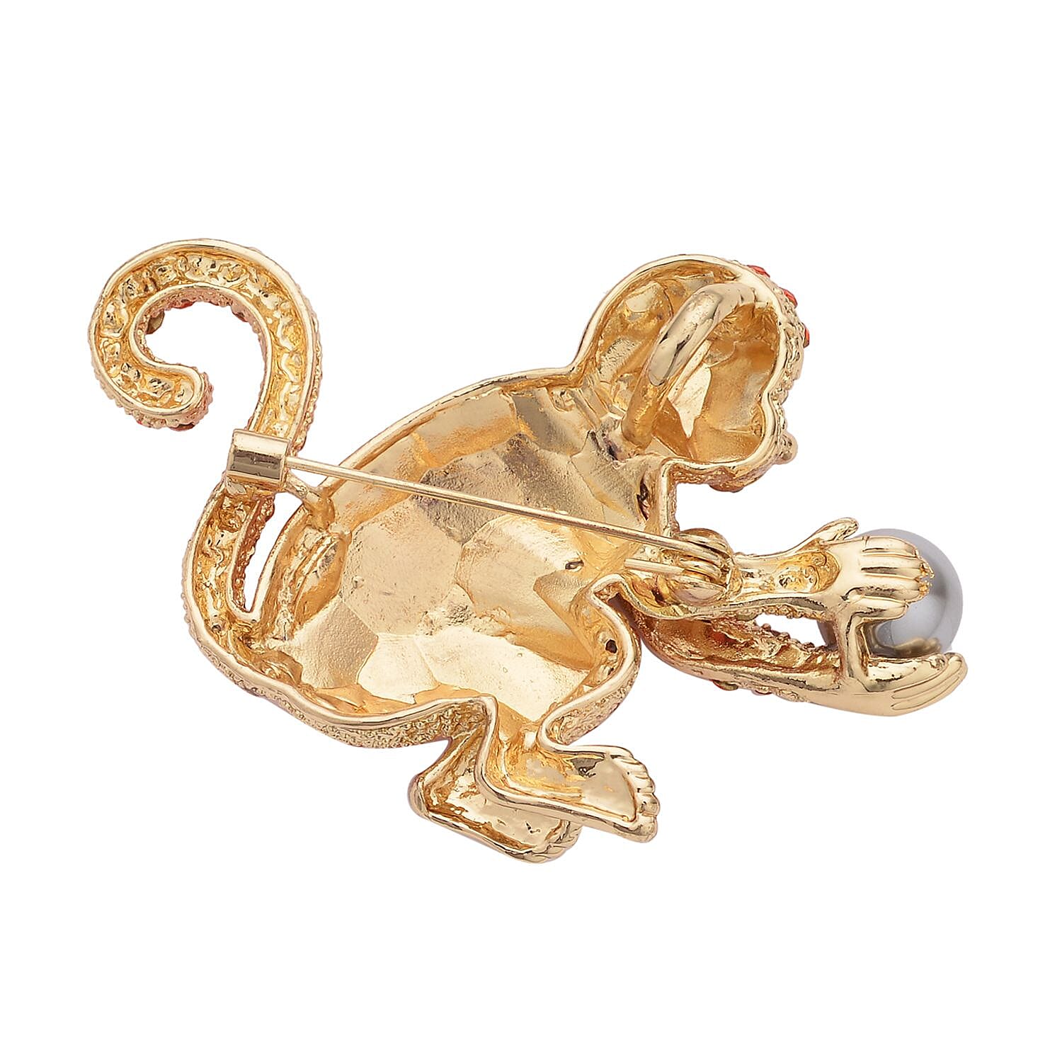 Multi Colour Austrian Crystal and Simulated Pearl Monkey Brooch Pendant in Yellow Gold Tone With Enamelling