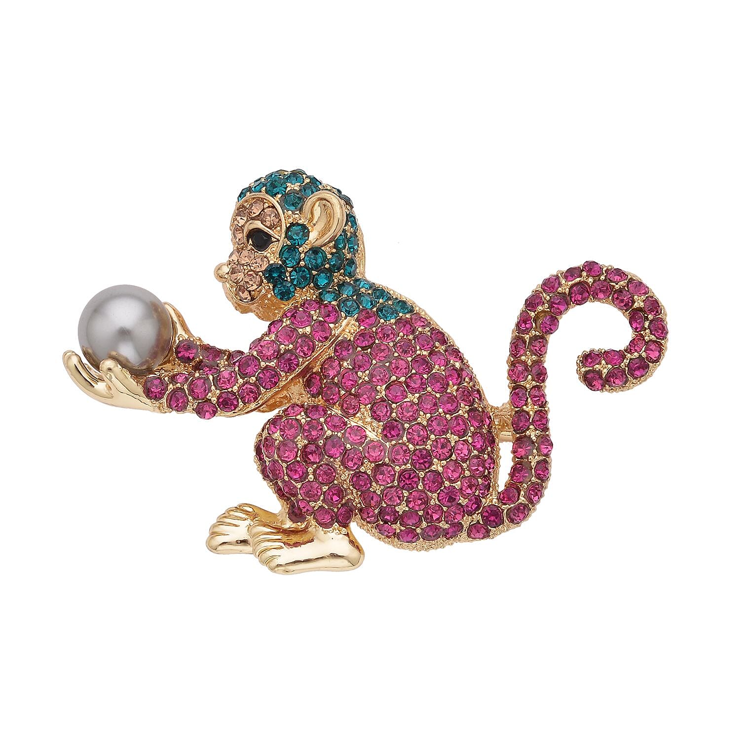 Multi Colour Austrian Crystal and Simulated Pearl Monkey Brooch Pendant in Yellow Gold Tone With Enamelling