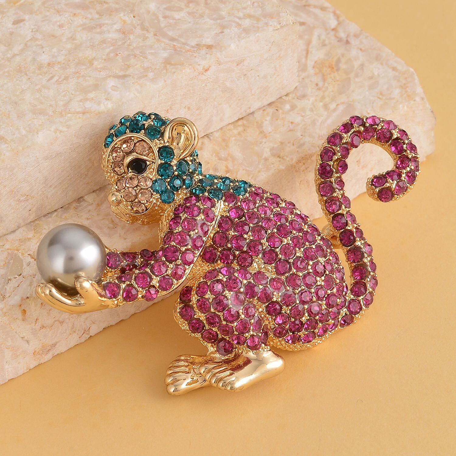 Multi Colour Austrian Crystal and Simulated Pearl Monkey Brooch Pendant in Yellow Gold Tone With Enamelling