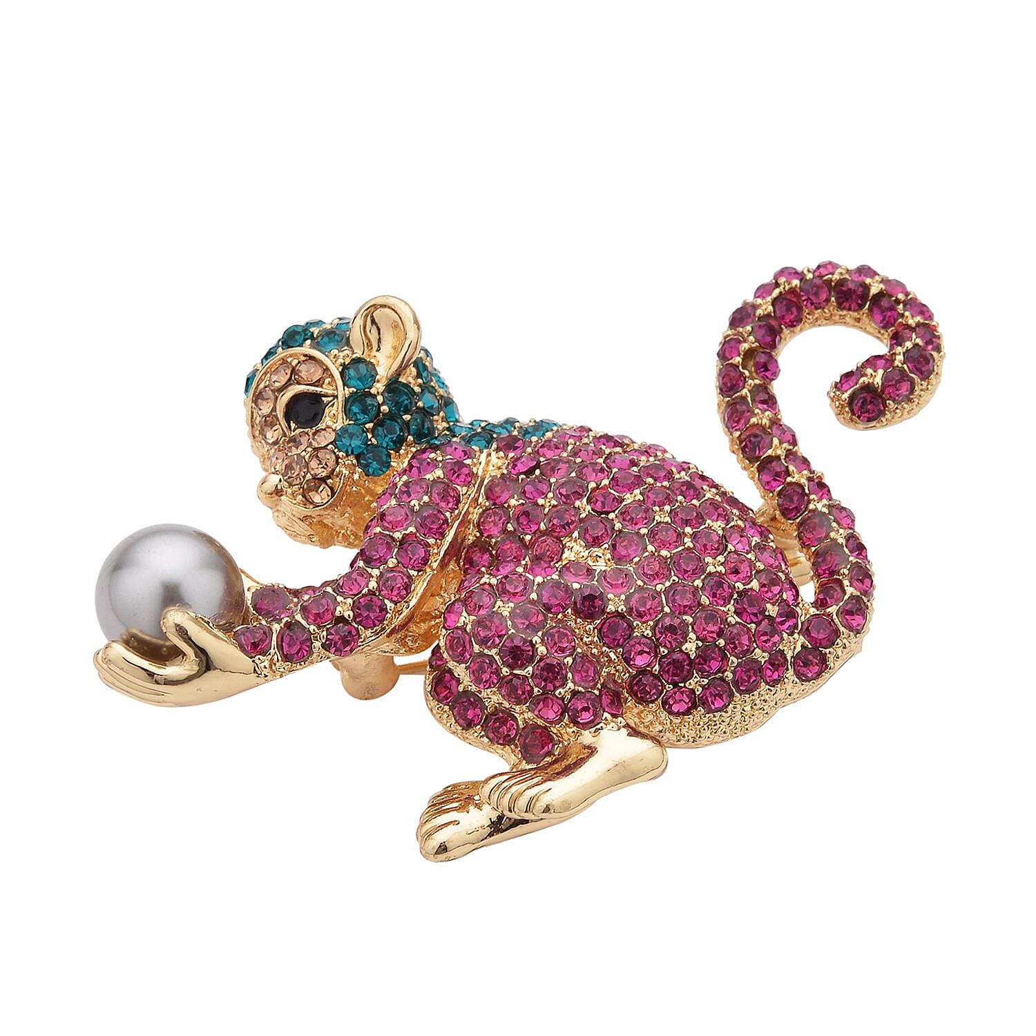 Multi Colour Austrian Crystal and Simulated Pearl Monkey Brooch Pendant in Yellow Gold Tone With Enamelling