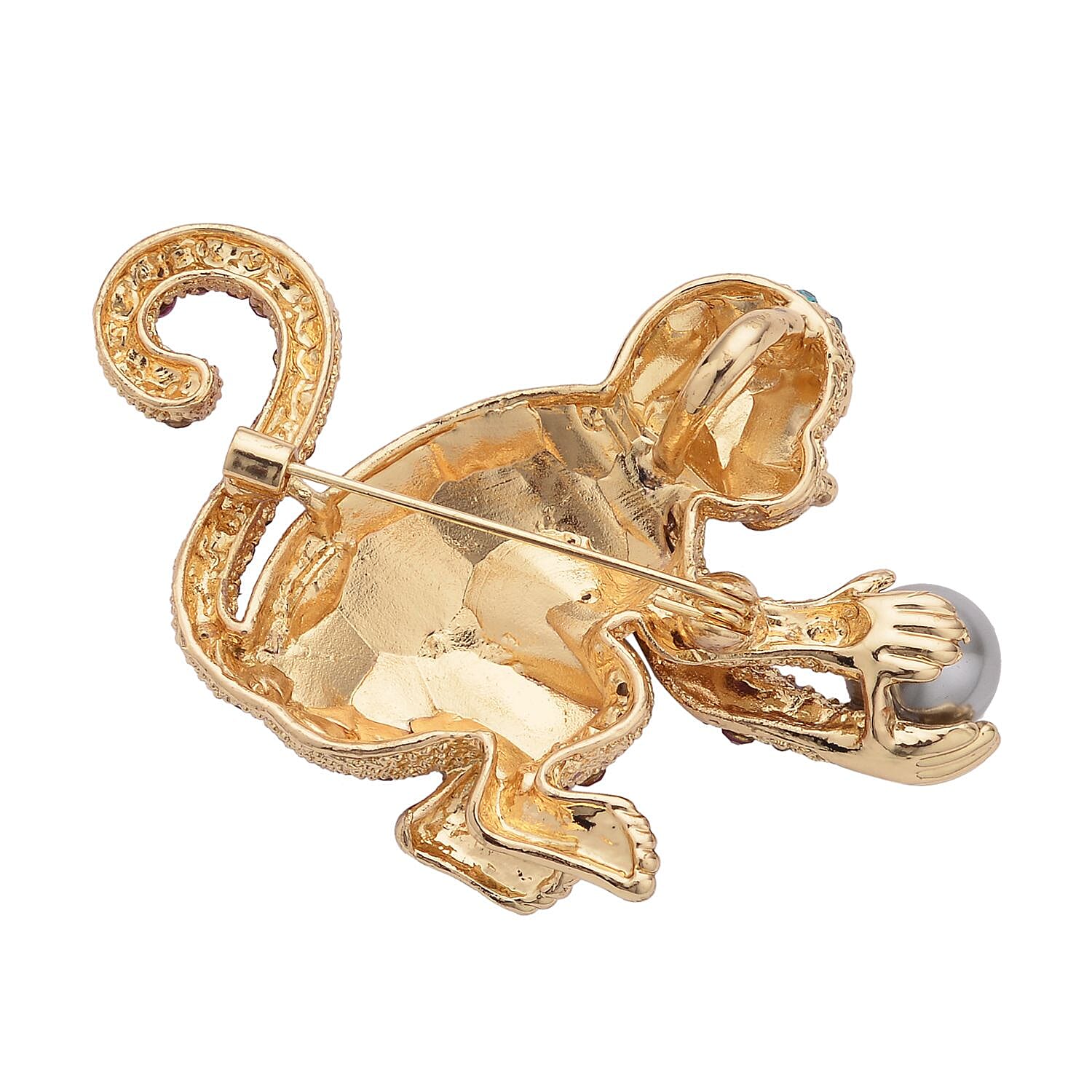 Multi Colour Austrian Crystal and Simulated Pearl Monkey Brooch Pendant in Yellow Gold Tone With Enamelling