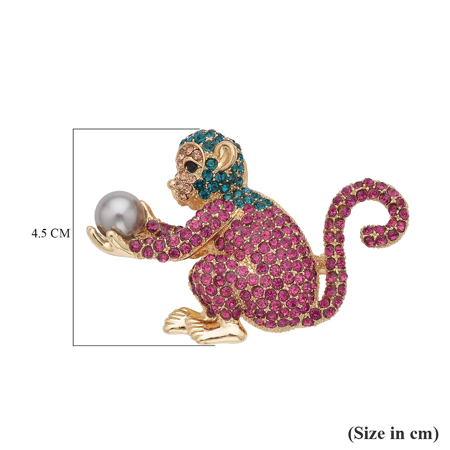 Multi Colour Austrian Crystal and Simulated Pearl Monkey Brooch Pendant in Yellow Gold Tone With Enamelling