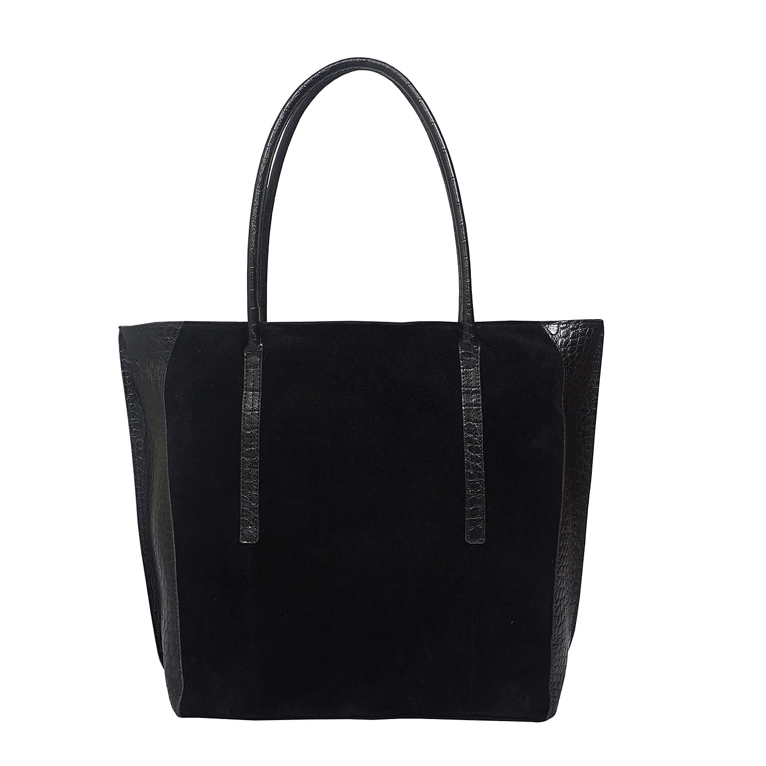 ASSOTS LONDON Isla Genuine Leather Croc Pattern Plus Suede Shopper Bag Fully Lined with Zipper Closure  Black