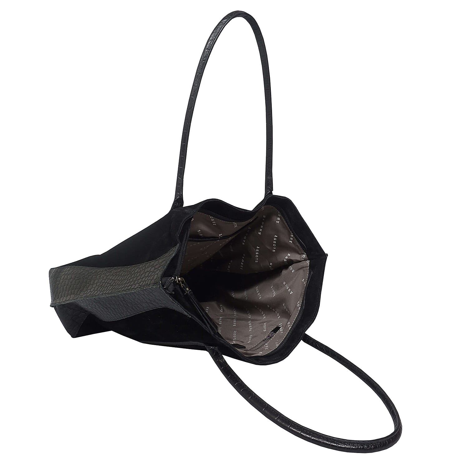 ASSOTS LONDON Isla Genuine Leather Croc Pattern Plus Suede Shopper Bag Fully Lined with Zipper Closure  Black