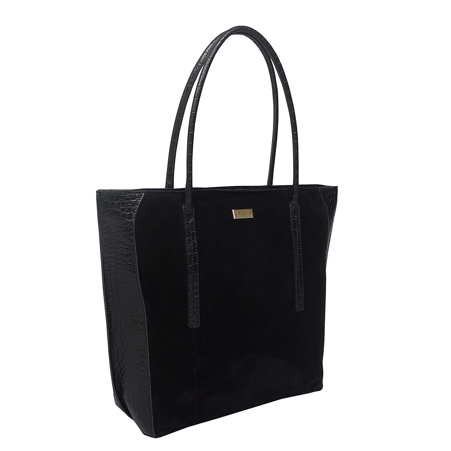 ASSOTS LONDON Isla Genuine Leather Croc Pattern Plus Suede Shopper Bag Fully Lined with Zipper Closure  Black