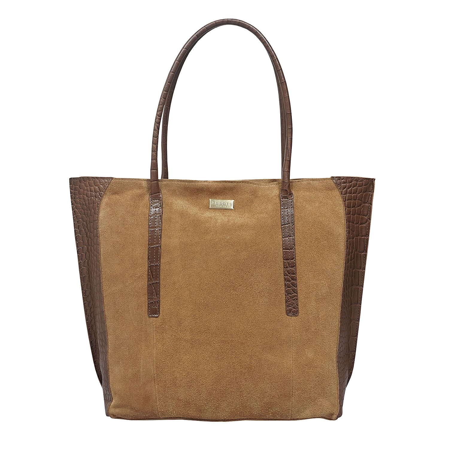ASSOTS LONDON Isla 100% Genuine Leather Croc Pattern Plus Suede Shopper Bag Fully Lined with Zipper Closure (Size 43x34x13Cm) - Tan