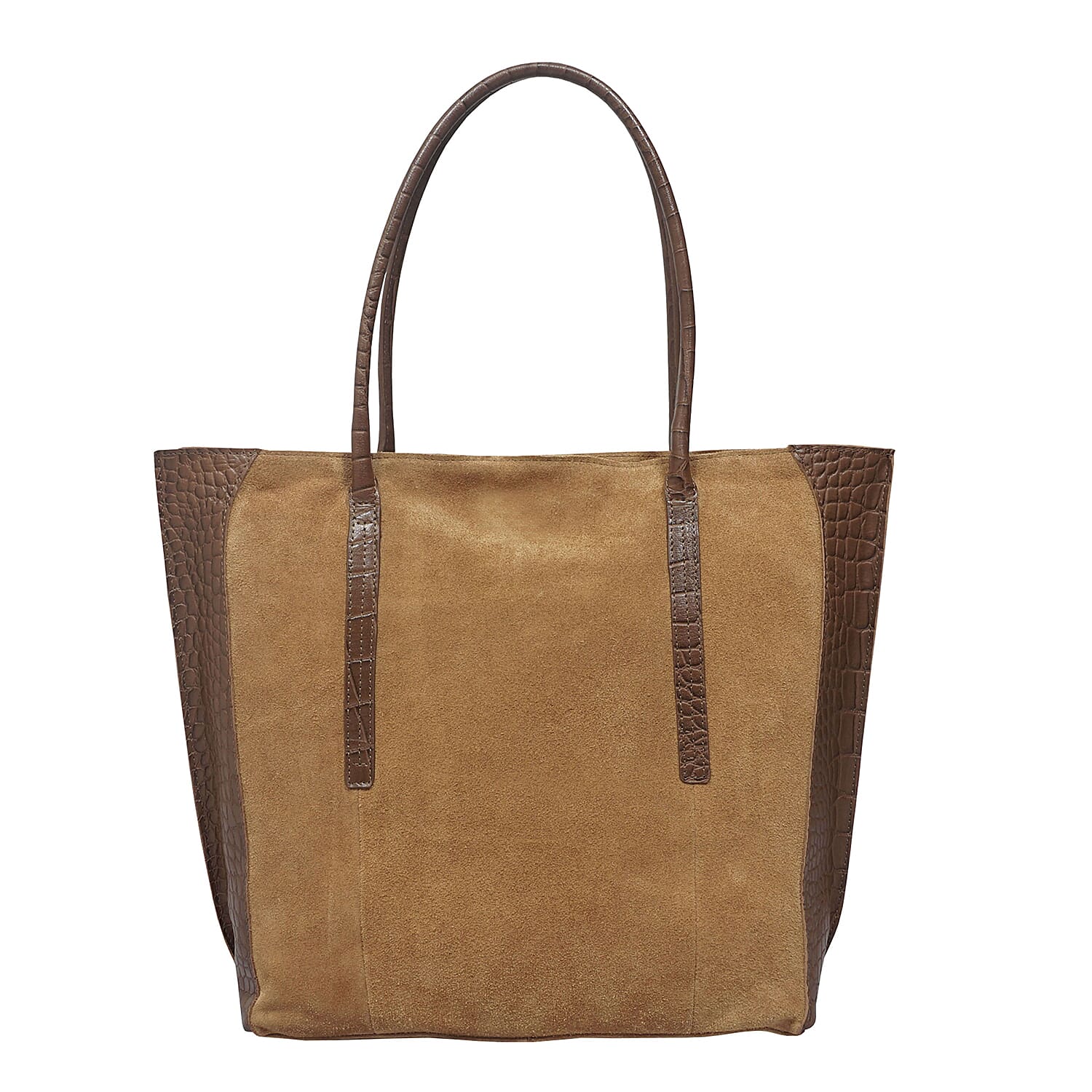 ASSOTS LONDON Isla 100% Genuine Leather Croc Pattern Plus Suede Shopper Bag Fully Lined with Zipper Closure (Size 43x34x13Cm) - Tan