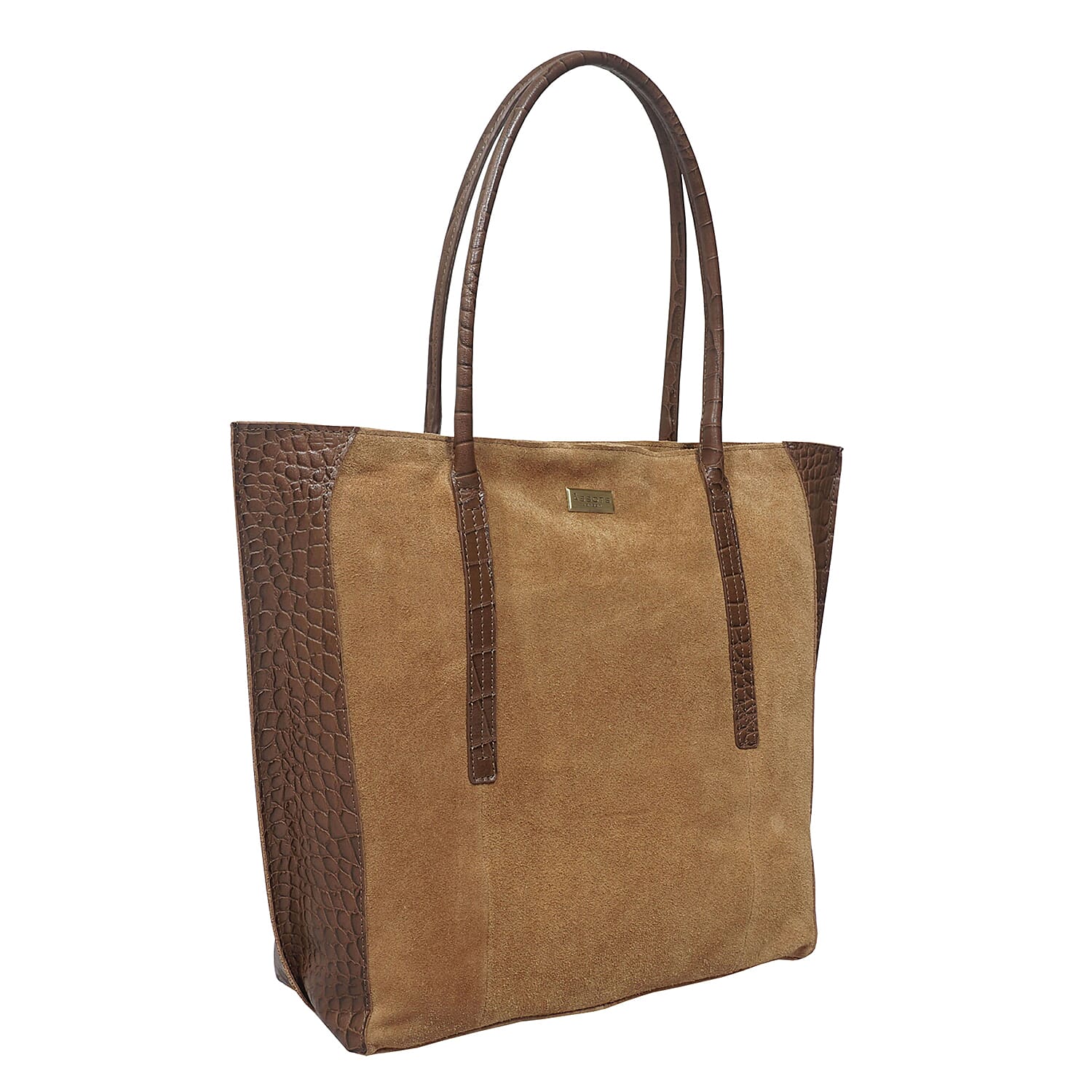 ASSOTS LONDON Isla 100% Genuine Leather Croc Pattern Plus Suede Shopper Bag Fully Lined with Zipper Closure (Size 43x34x13Cm) - Tan