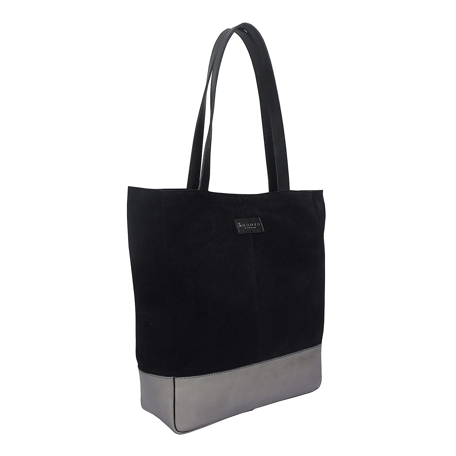 DOD - ASSOTS LONDON Paige Genuine Leather Suede & Metallic Tote Bag - Black & Pewter