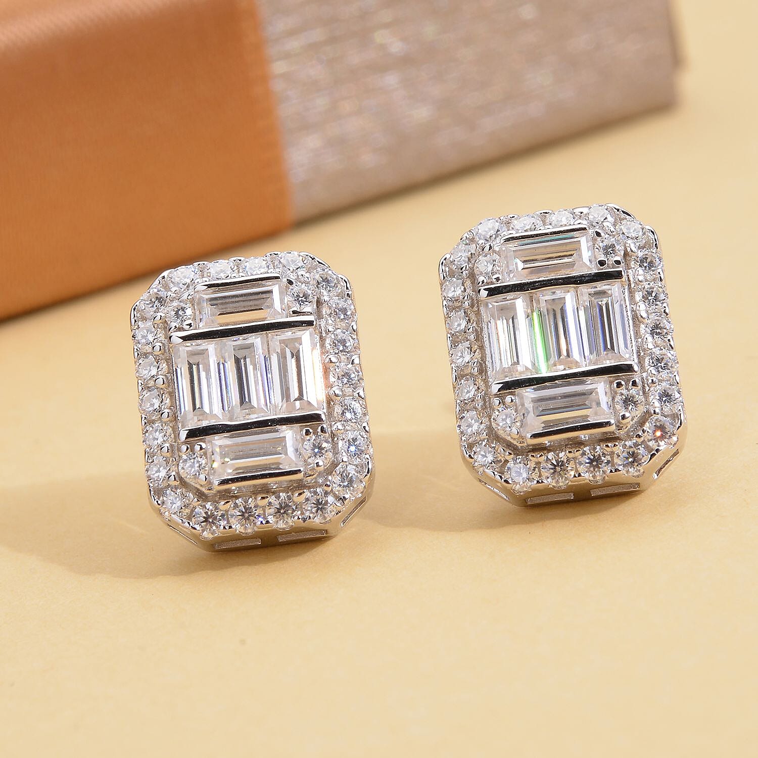 Moissanite Stud Earrings (With Push Back) in Rhodium Overlay Sterling Silver 2.15 Ct.