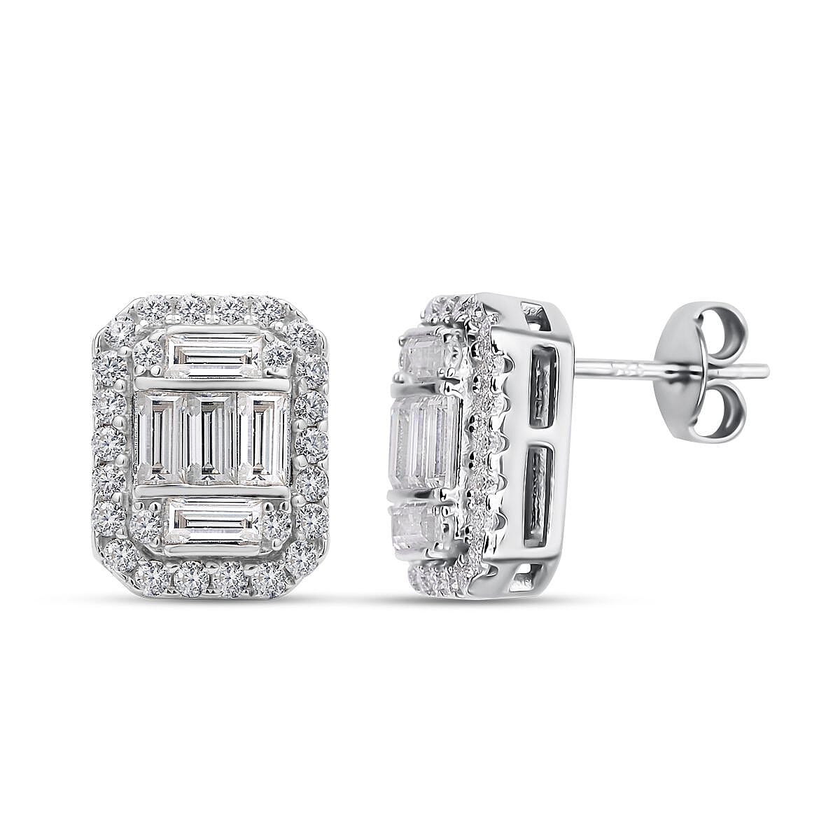 Moissanite Stud Earrings (With Push Back) in Rhodium Overlay Sterling Silver 2.15 Ct.