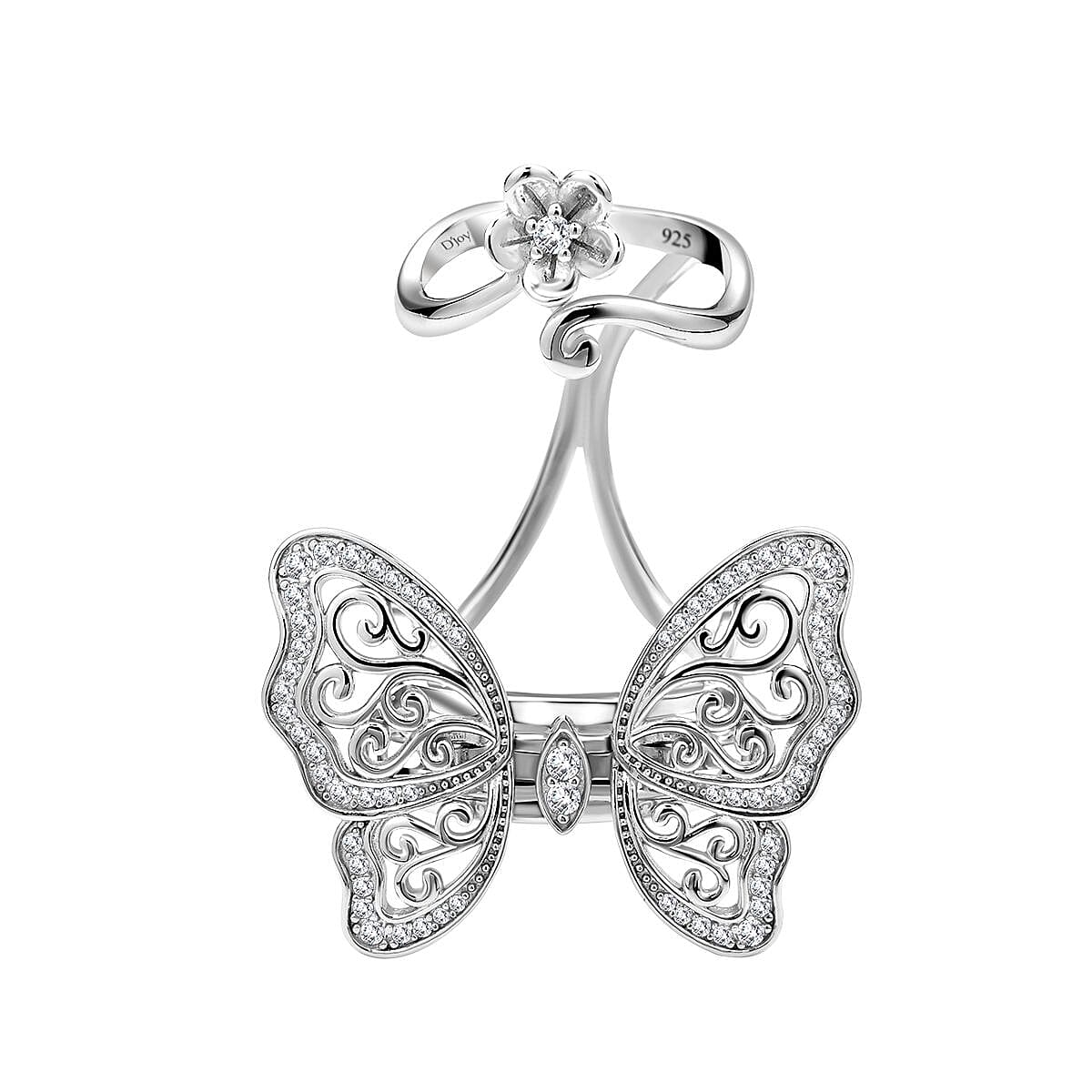 Moissanite Movable Butterfly Ring in Rhodium Overlay Sterling Silver, Silver Wt. 10.50 Gms