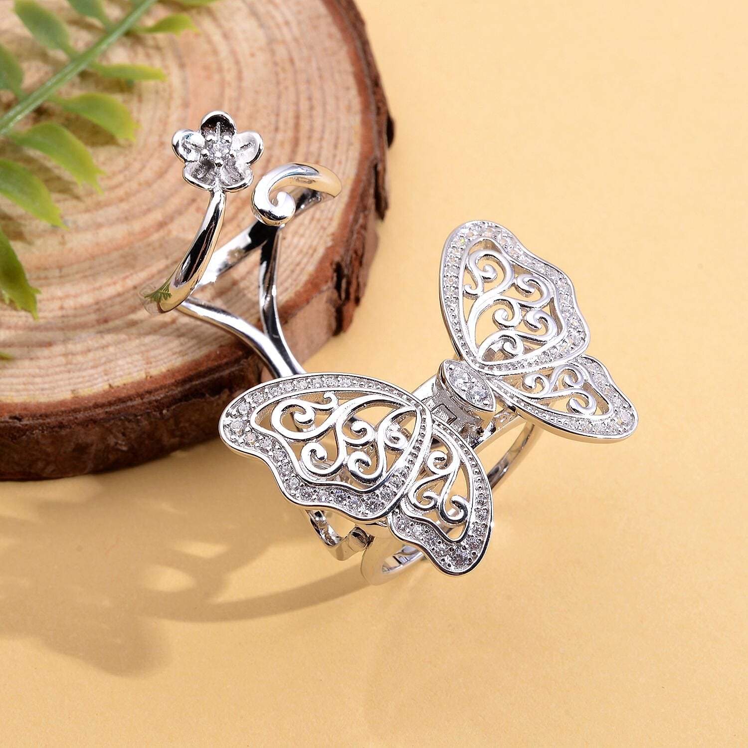 Moissanite Movable Butterfly Ring in Rhodium Overlay Sterling Silver, Silver Wt. 10.50 Gms