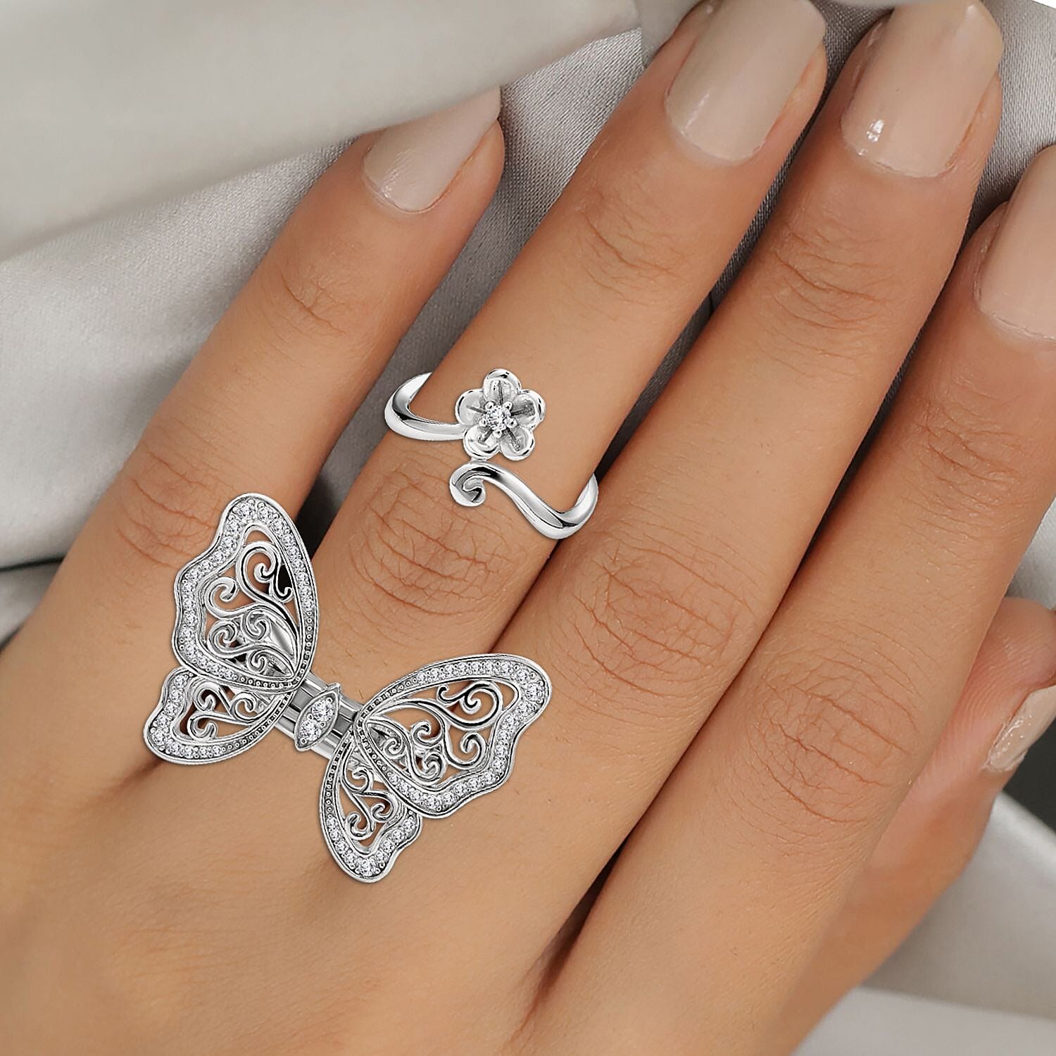 Moissanite Movable Butterfly Ring in Rhodium Overlay Sterling Silver, Silver Wt. 10.50 Gms