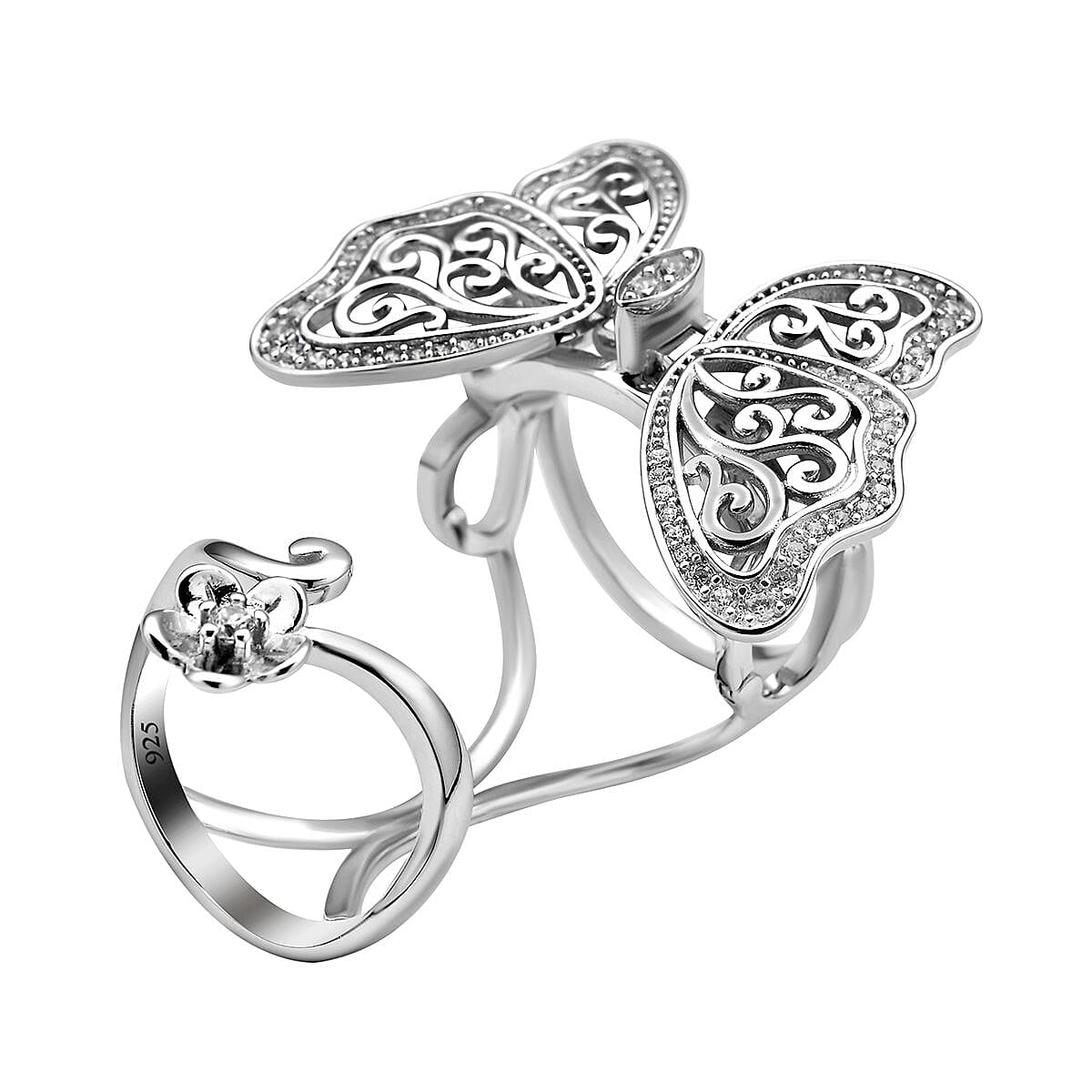 Moissanite Movable Butterfly Ring in Rhodium Overlay Sterling Silver, Silver Wt. 10.50 Gms