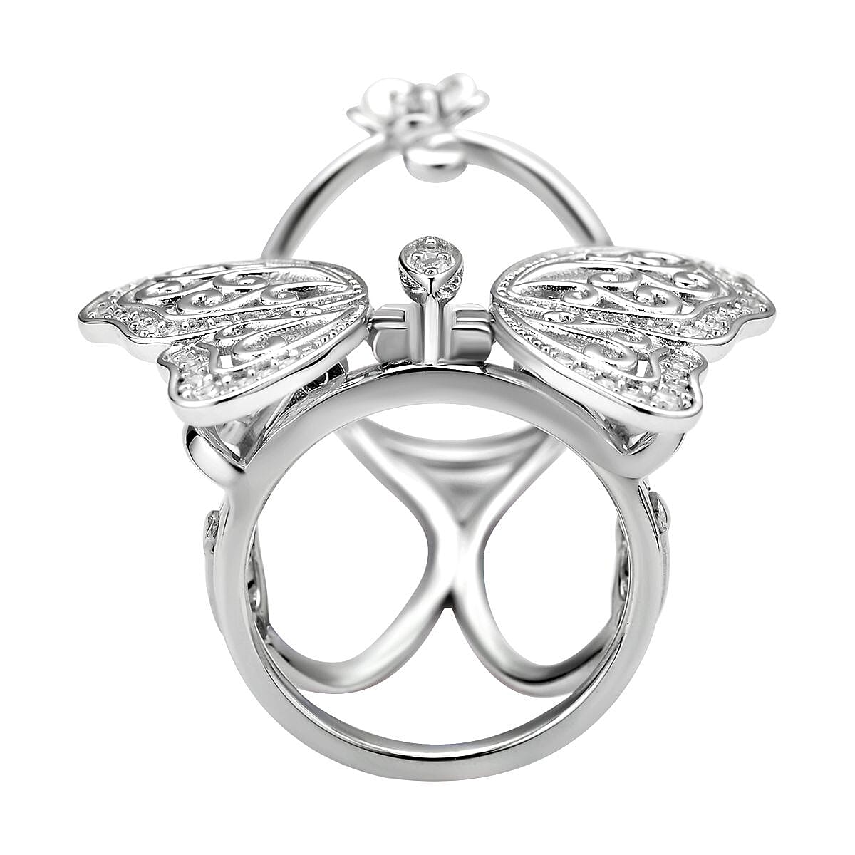 Moissanite Movable Butterfly Ring in Rhodium Overlay Sterling Silver, Silver Wt. 10.50 Gms