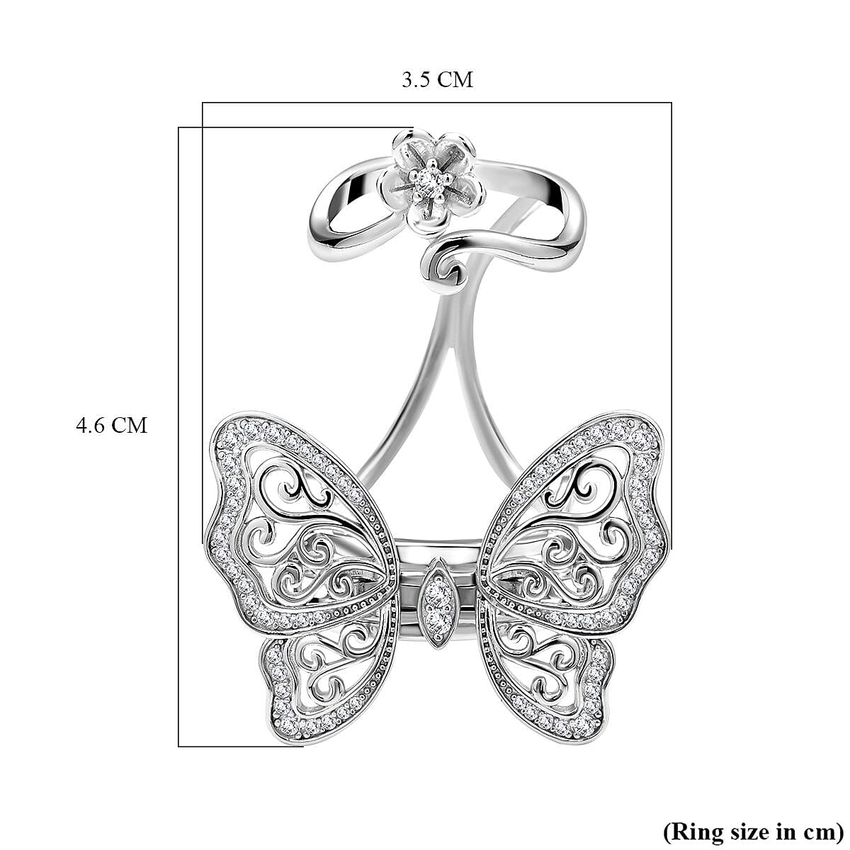 Moissanite Movable Butterfly Ring in Rhodium Overlay Sterling Silver, Silver Wt. 10.50 Gms