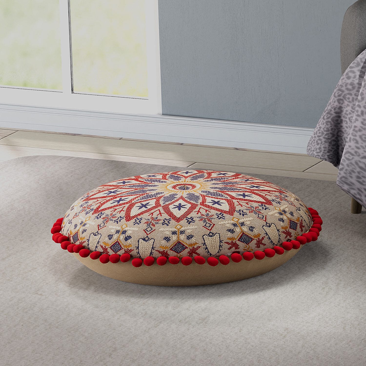 Cotton Floor Cushion with Embroidery and Pom Pom - Red