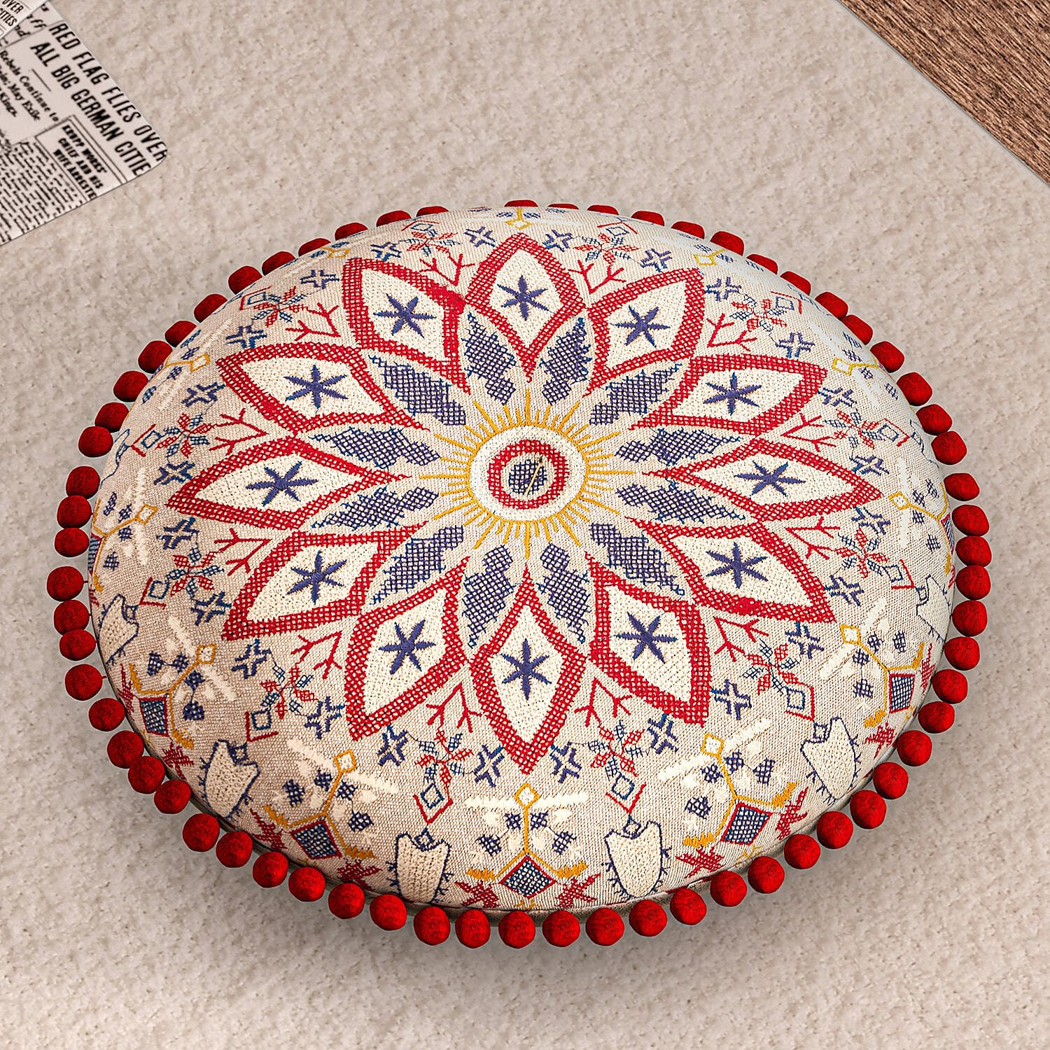 Cotton Floor Cushion with Embroidery and Pom Pom - Red
