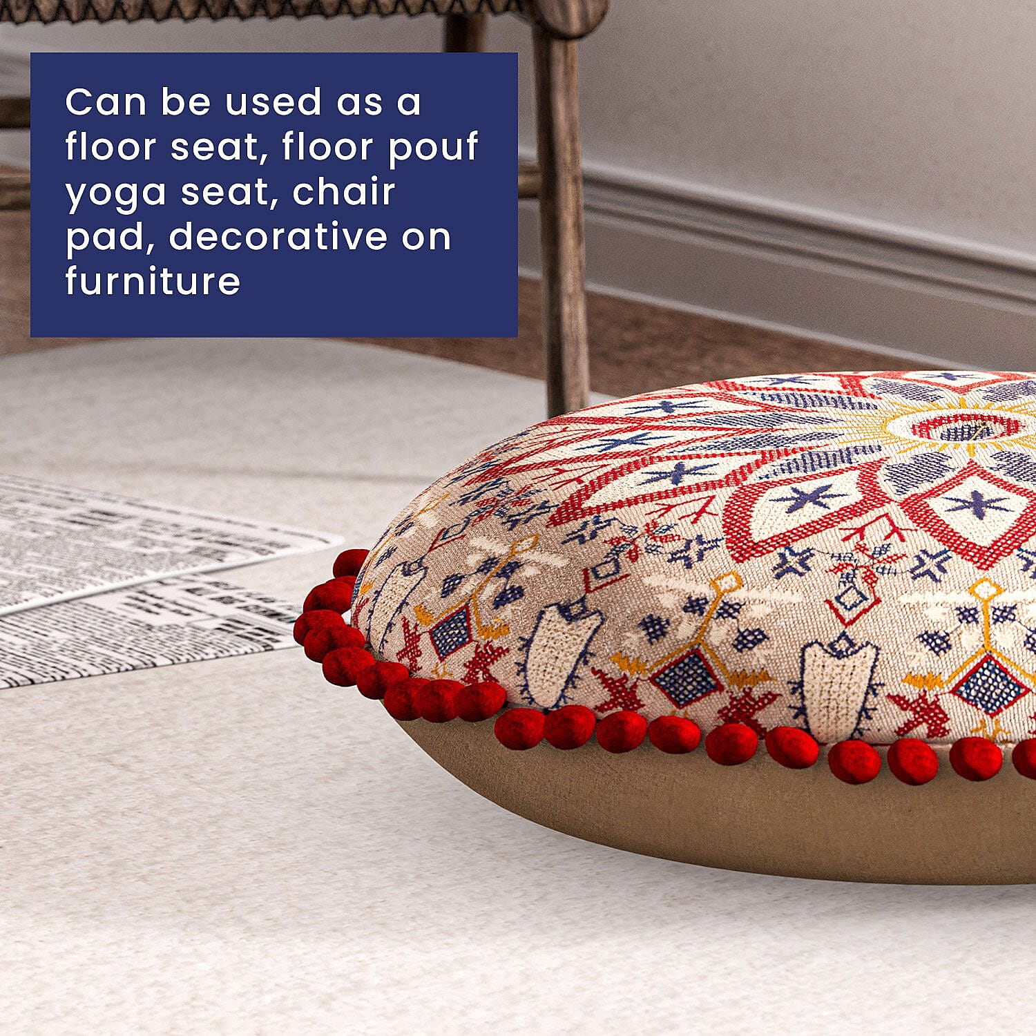 Cotton Floor Cushion with Embroidery and Pom Pom - Red