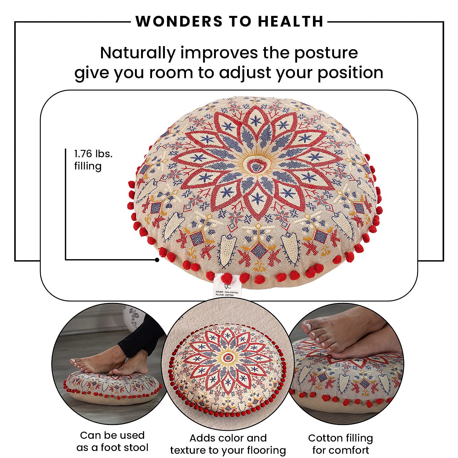 Cotton Floor Cushion with Embroidery and Pom Pom - Red