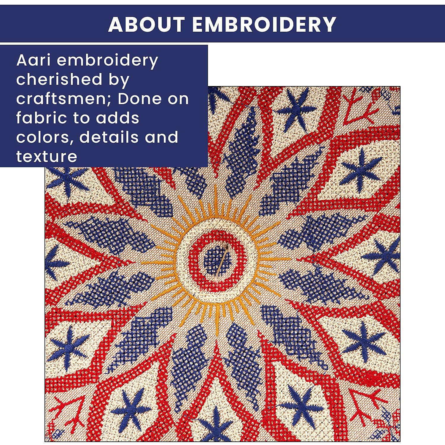 Cotton Floor Cushion with Embroidery and Pom Pom - Red