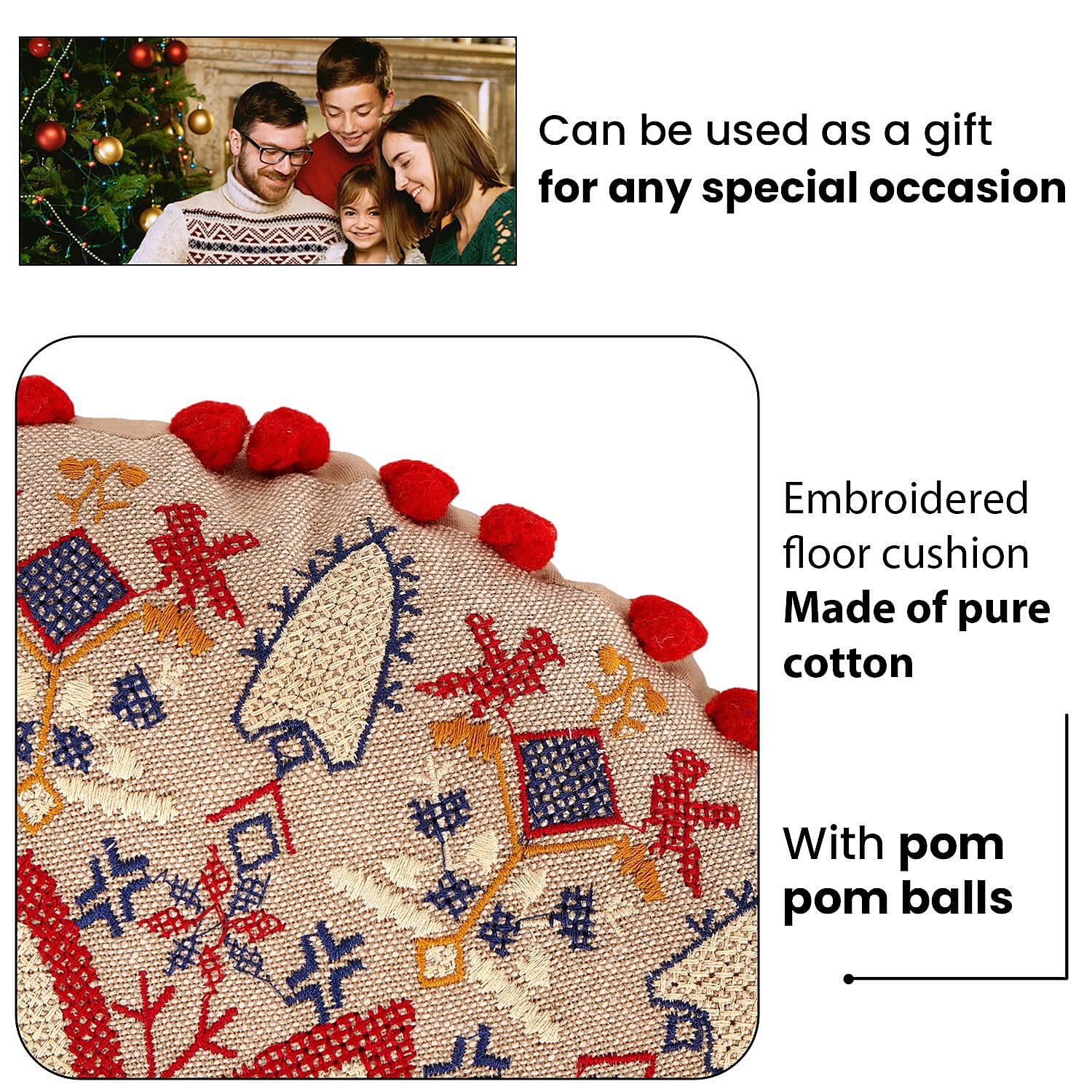 Cotton Floor Cushion with Embroidery and Pom Pom - Red