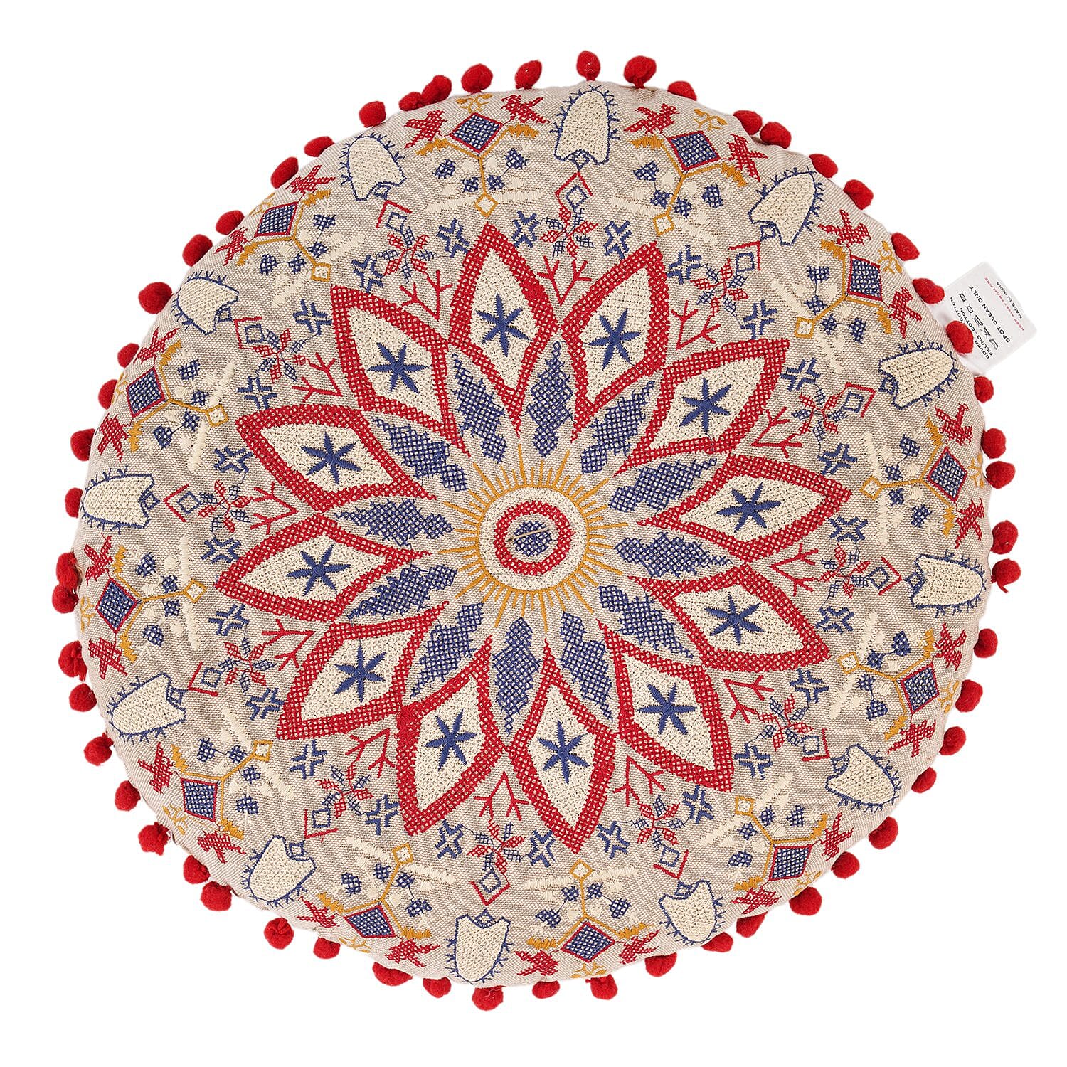 Cotton Floor Cushion with Embroidery and Pom Pom - Red