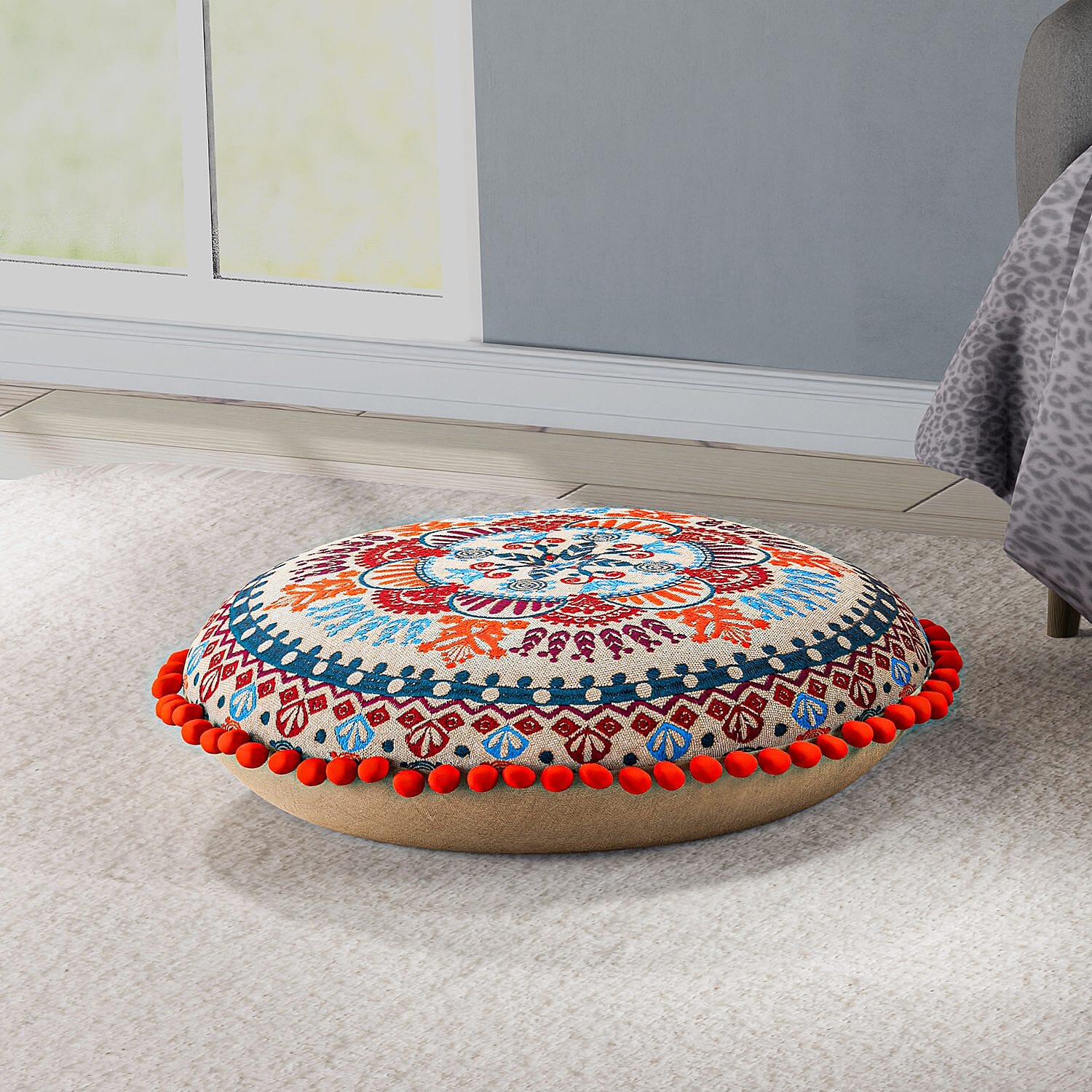 Cotton Floor Cushion with Embroidery and Pom Pom (Size 40x40x10 Cm) - Multi