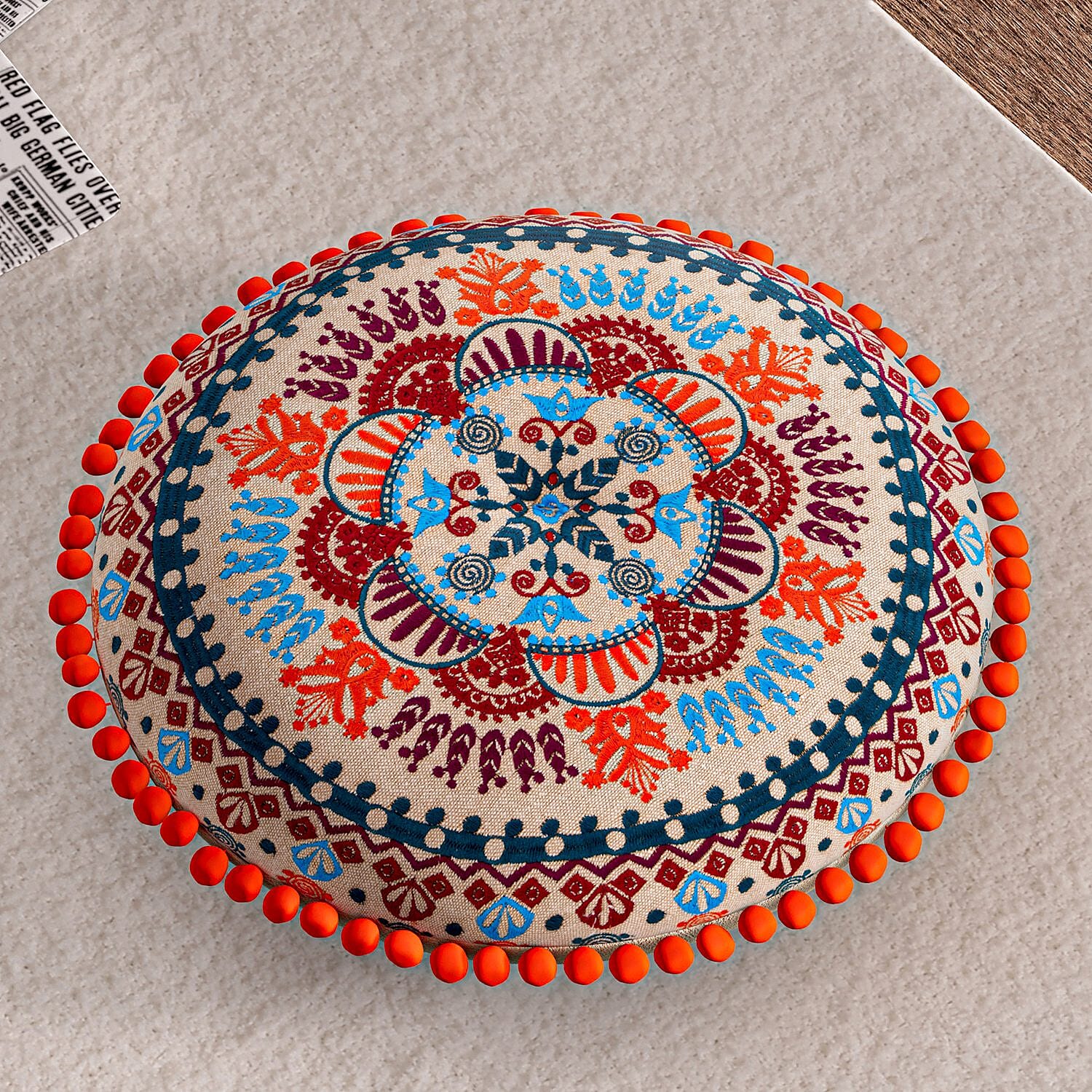 Cotton Floor Cushion with Embroidery and Pom Pom (Size 40x40x10 Cm) - Multi