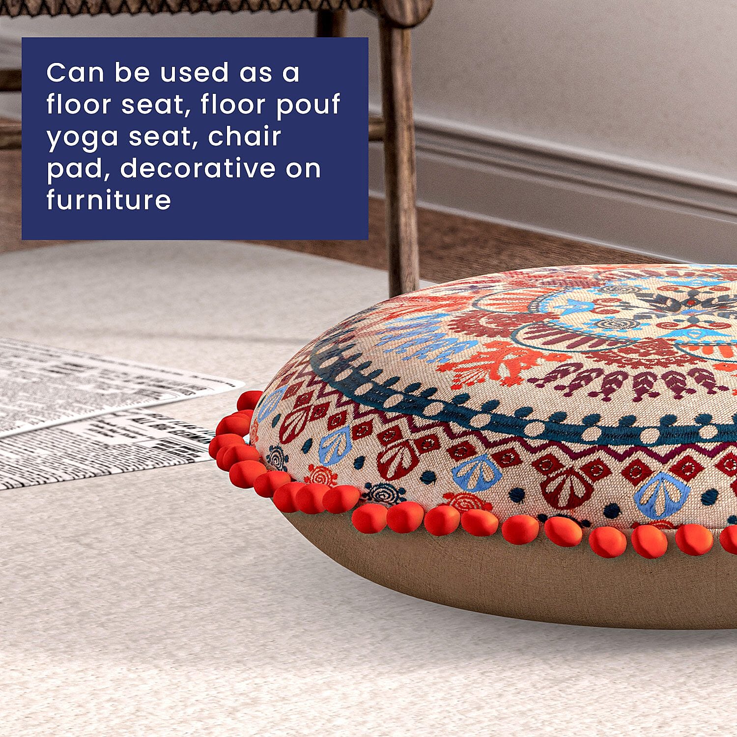 Cotton Floor Cushion with Embroidery and Pom Pom (Size 40x40x10 Cm) - Multi