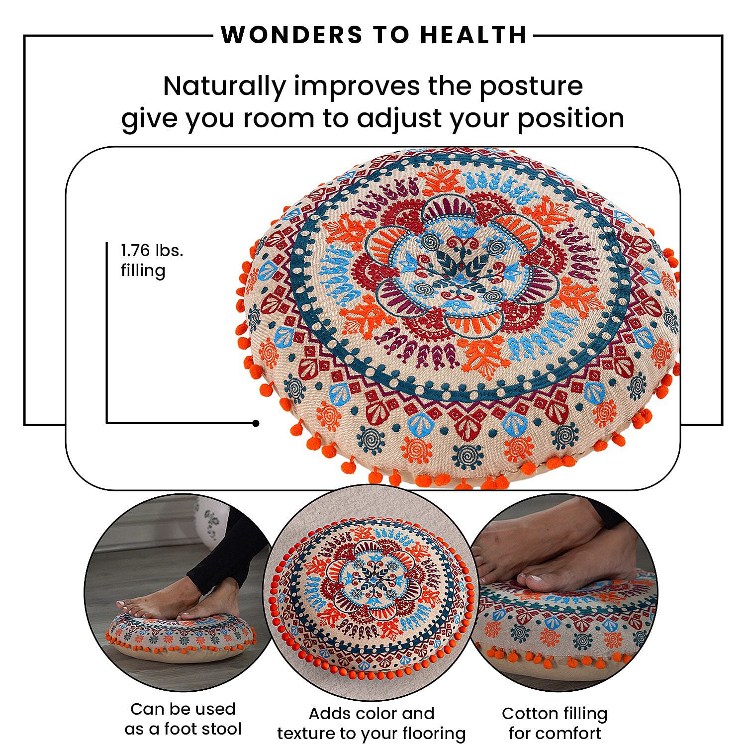 Cotton Floor Cushion with Embroidery and Pom Pom (Size 40x40x10 Cm) - Multi