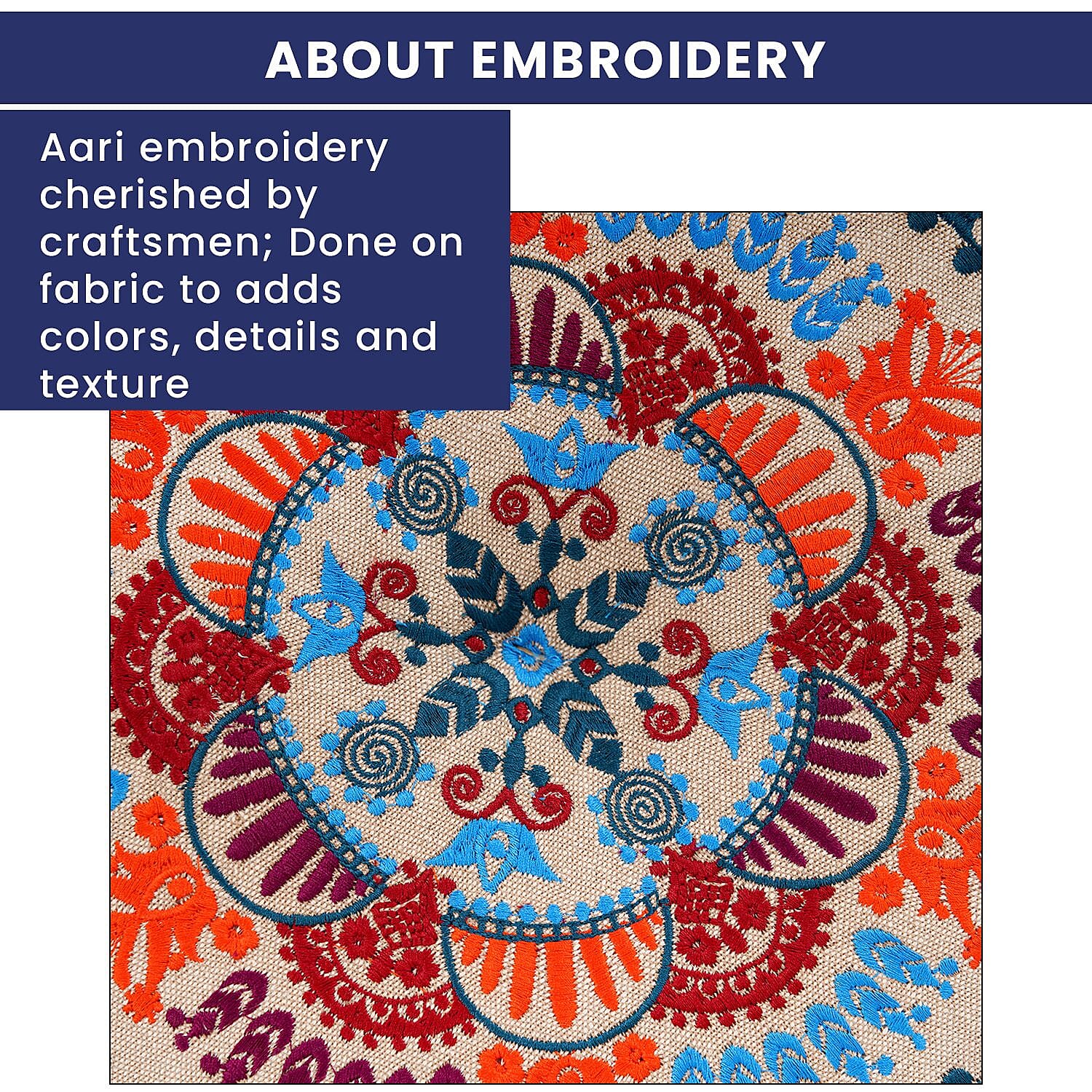 Cotton Floor Cushion with Embroidery and Pom Pom (Size 40x40x10 Cm) - Multi