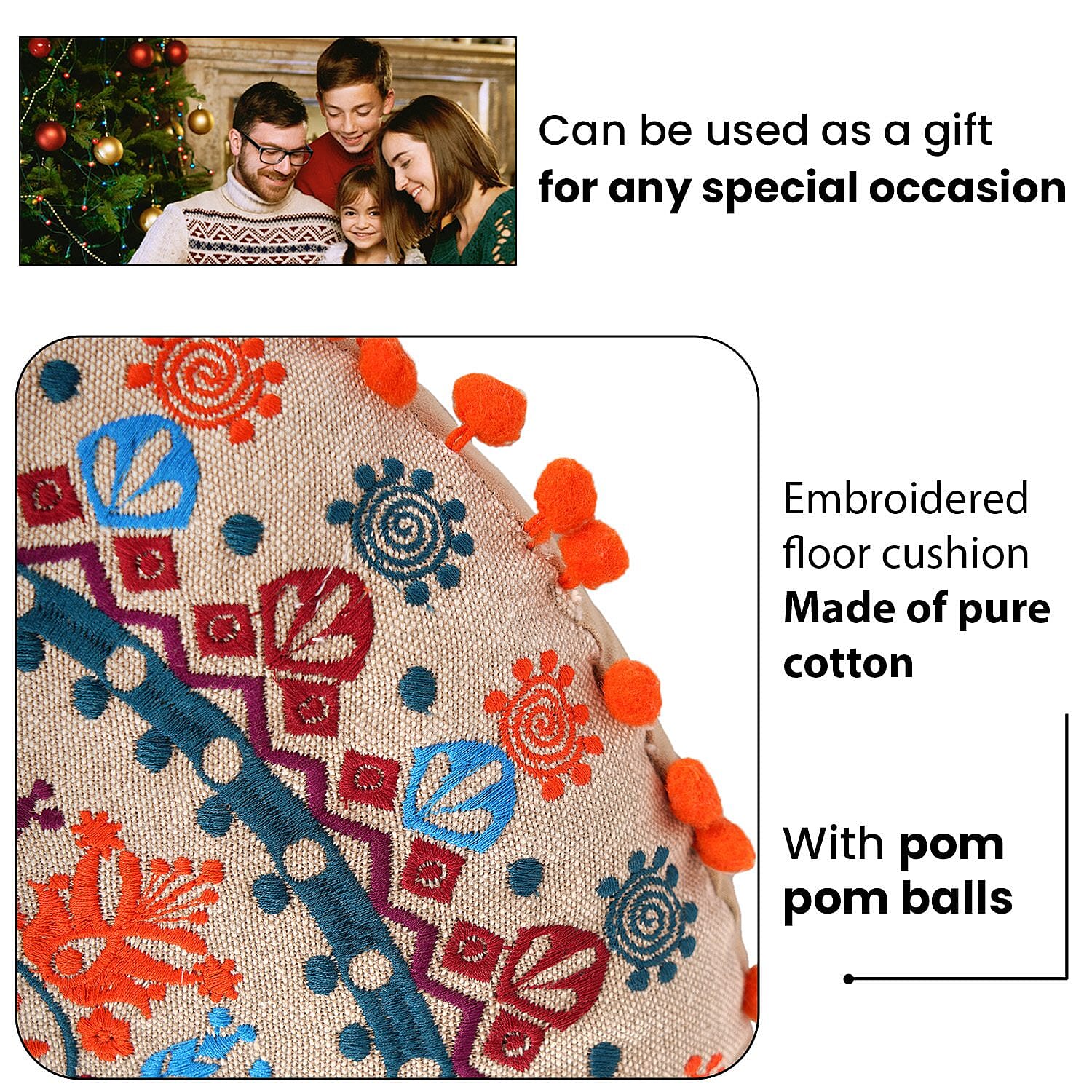 Cotton Floor Cushion with Embroidery and Pom Pom (Size 40x40x10 Cm) - Multi