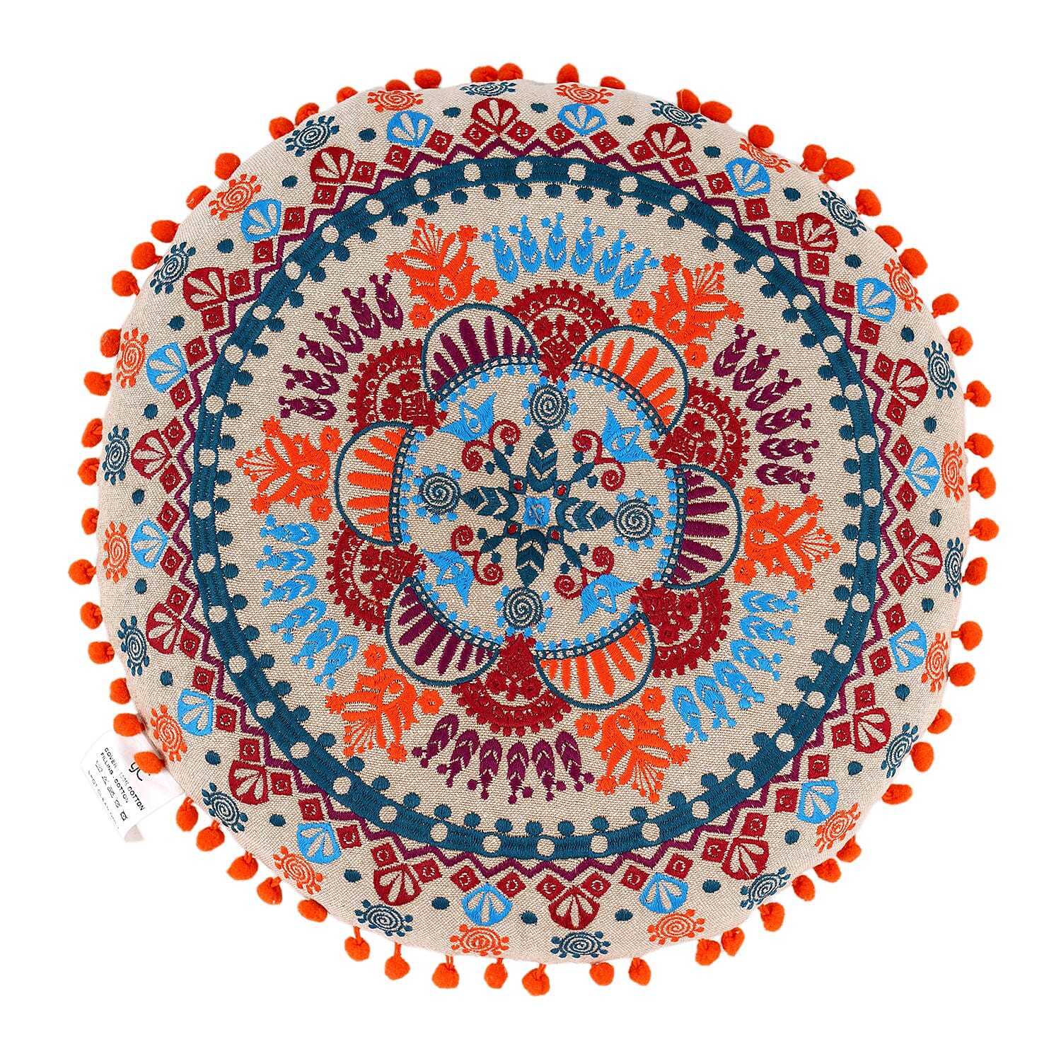 Cotton Floor Cushion with Embroidery and Pom Pom (Size 40x40x10 Cm) - Multi