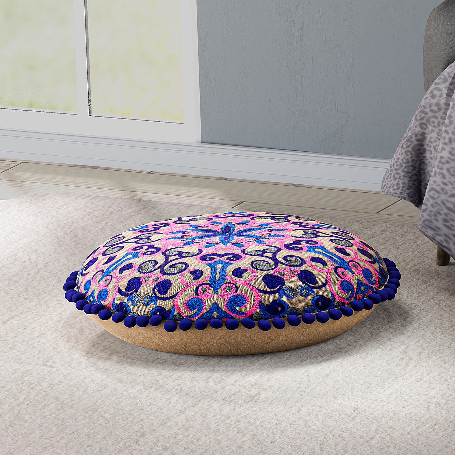 Cotton Floor Cushion with Embroidery and Pom Pom 7080794 TJC