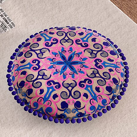 Cotton Floor Cushion with Embroidery and Pom Pom (Size 40x40x10 Cm) - Pink - Multi