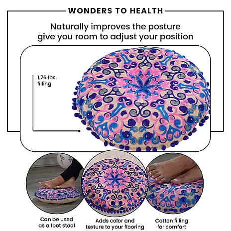 Cotton Floor Cushion with Embroidery and Pom Pom (Size 40x40x10 Cm) - Pink - Multi