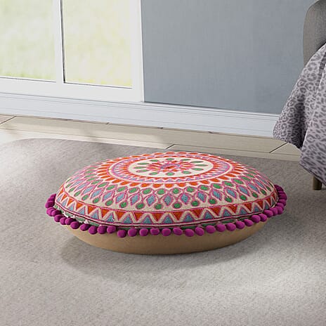 Cotton Floor Cushion with Embroidery and Pom Pom (Size 40x40x10 Cm) - Orange