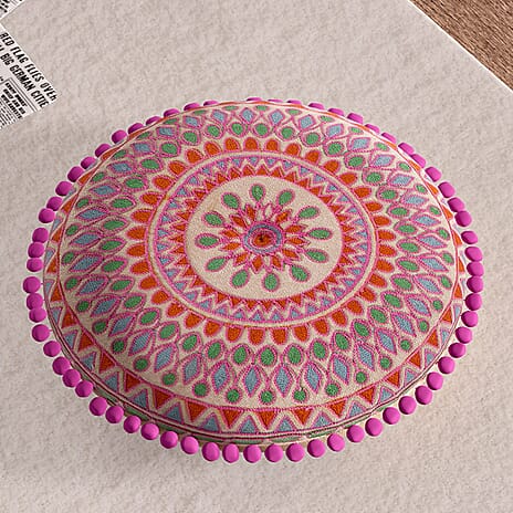 Cotton Floor Cushion with Embroidery and Pom Pom (Size 40x40x10 Cm) - Orange
